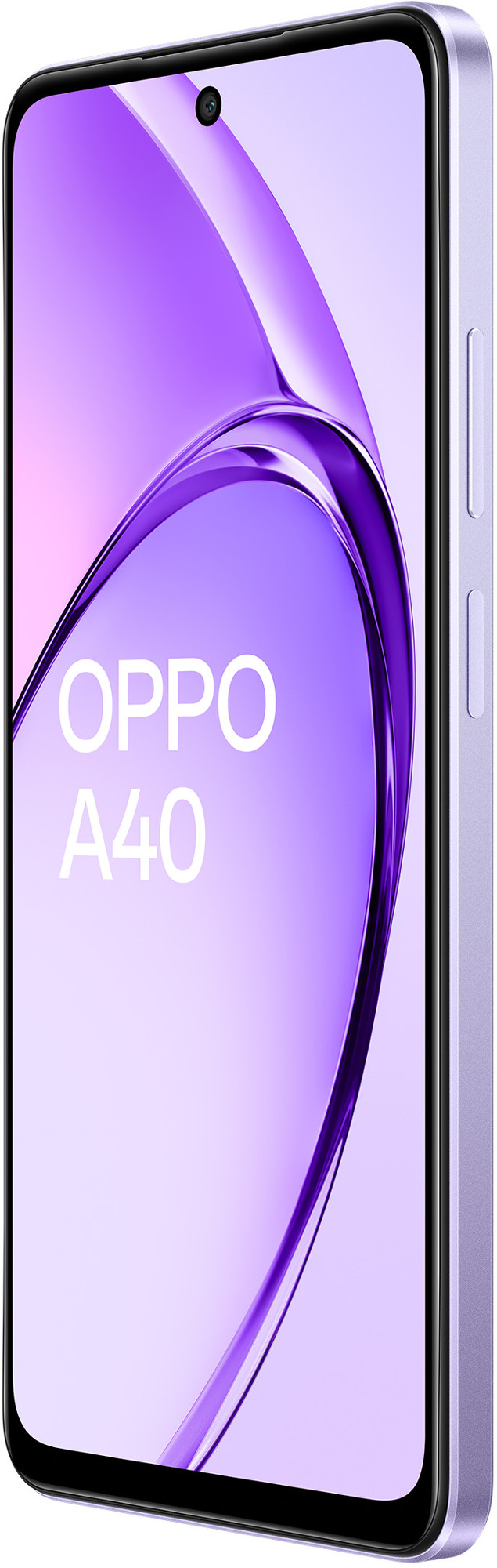 Telefon Oppo A40. Fioletowy kolor. Widok z boku pokazuje aparat i przyciski. Białe tło.