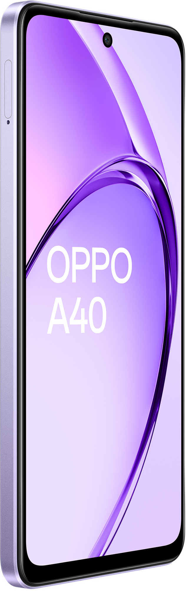 Fioletowy telefon OPPO A40, widok z boku, z logo OPPO.