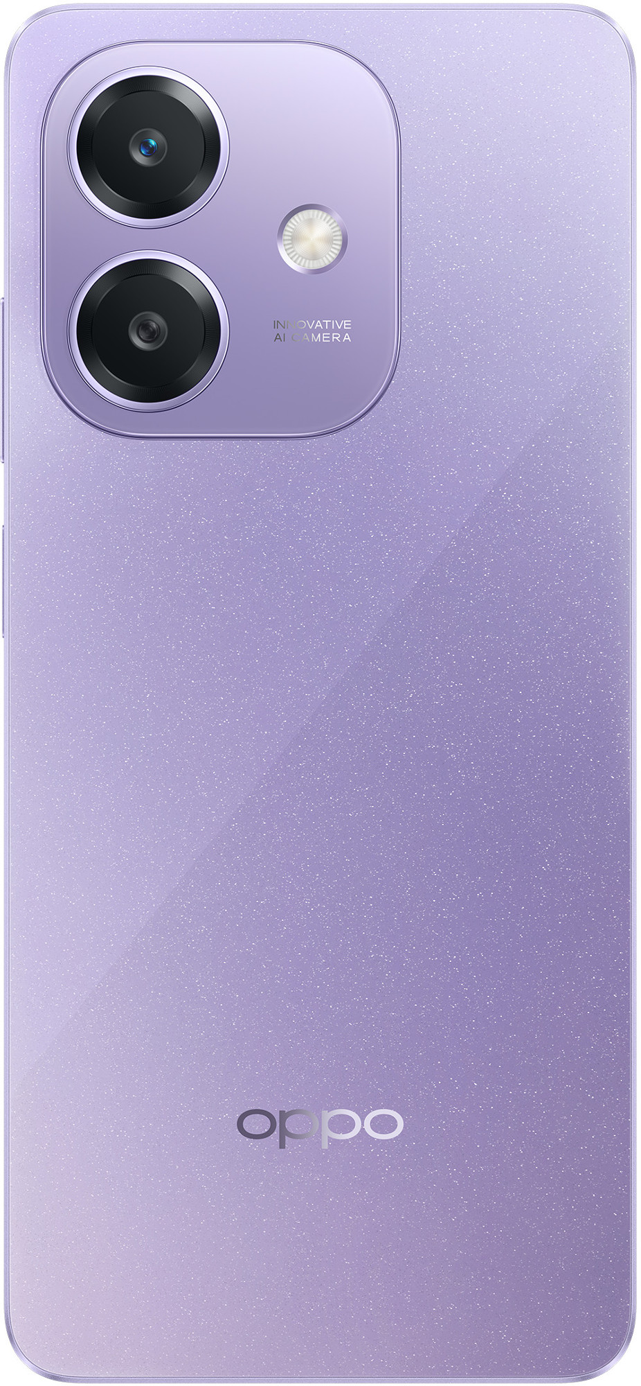 Fioletowy smartfon z dwoma aparatami i logo Oppo z tyłu.