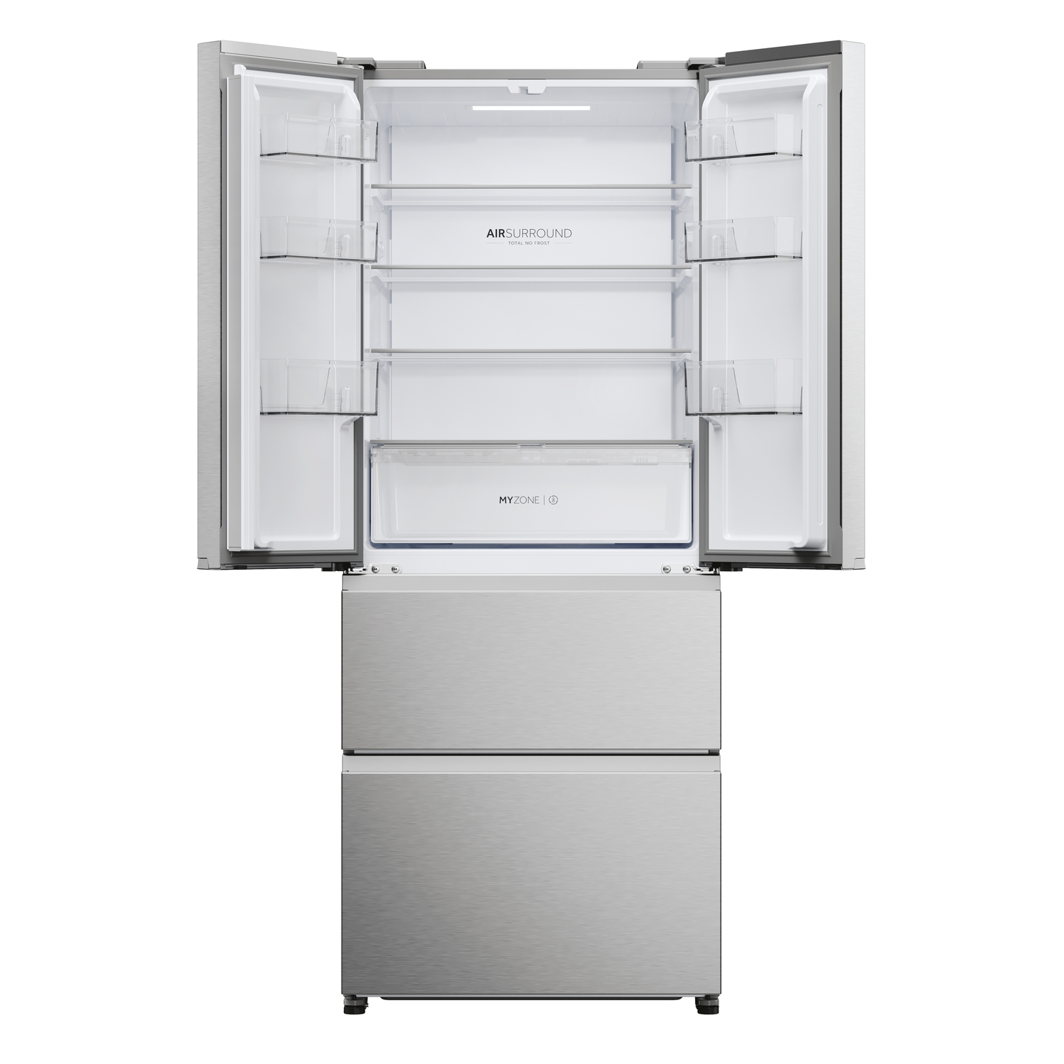 Silver refrigerator with open doors, revealing shelves and drawers.