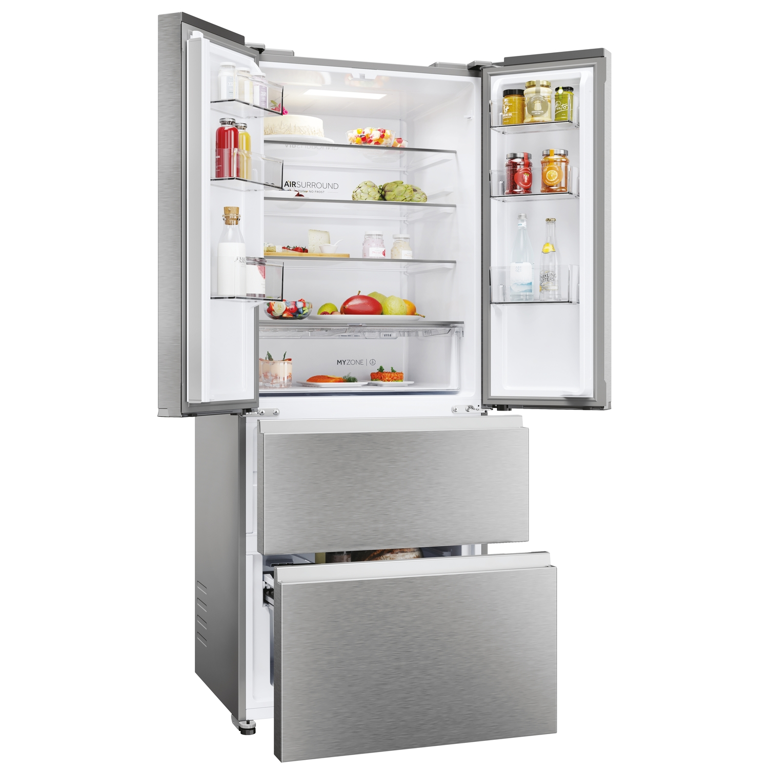 Stainless steel refrigerator with open doors. The interior is filled with food and drinks.