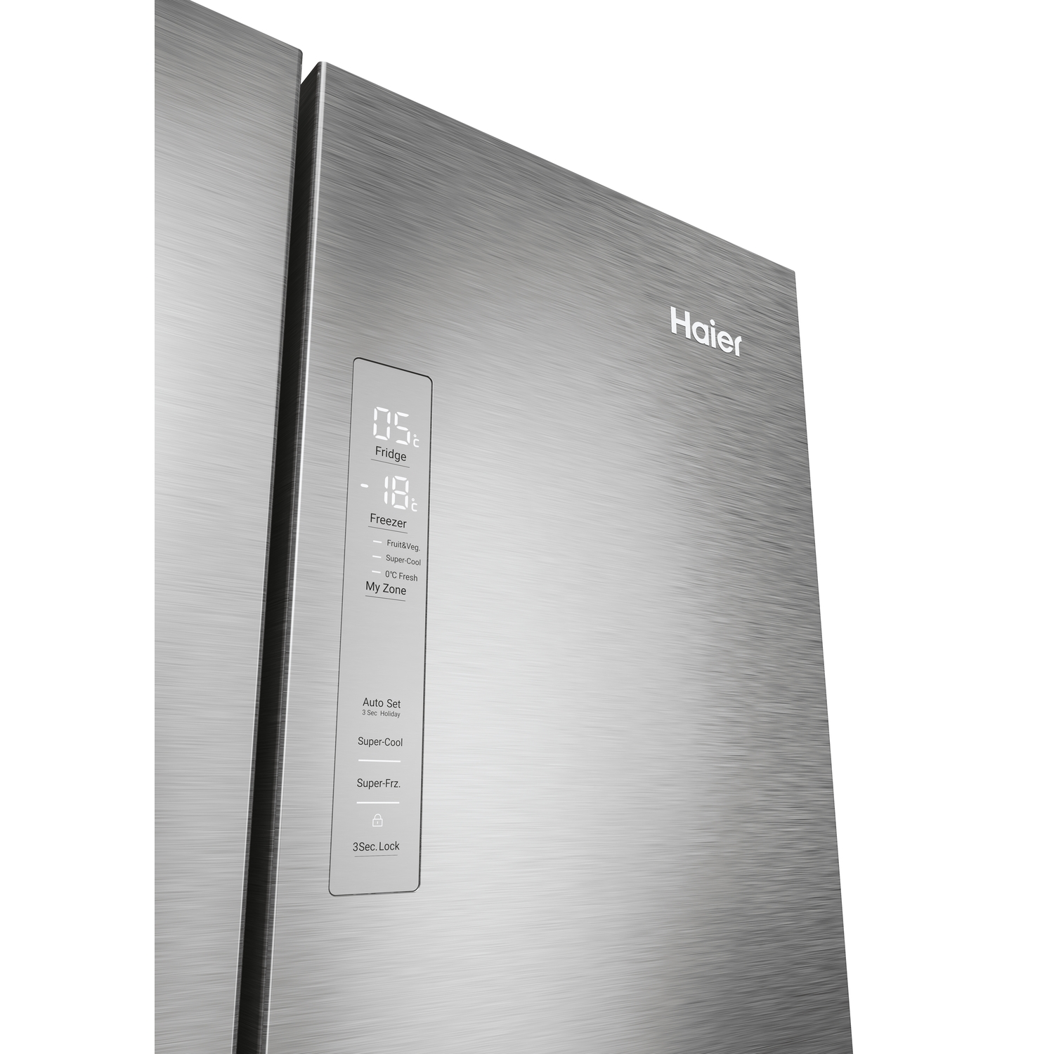 Stainless steel Haier refrigerator with a digital display showing temperature and settings.