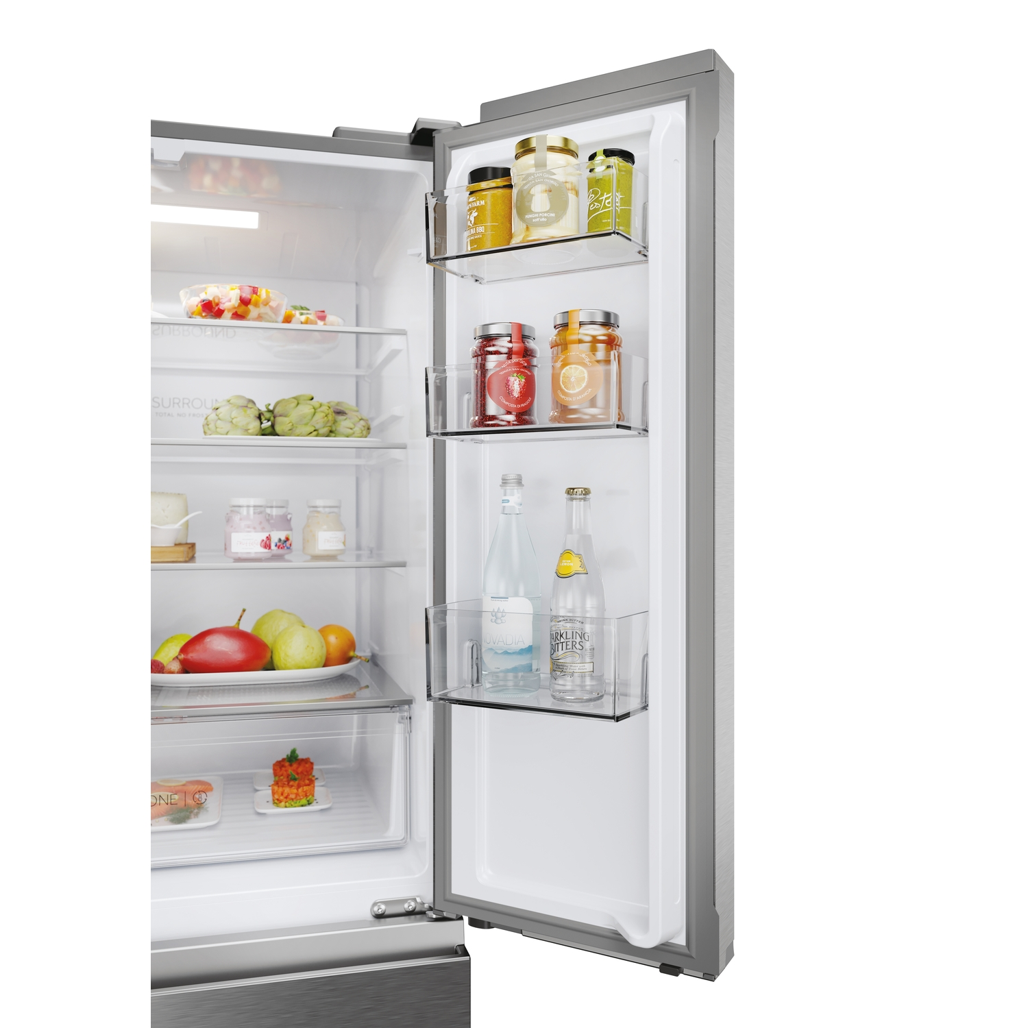 Refrigerator interior with shelves, food, and bottles. Grey and white color.