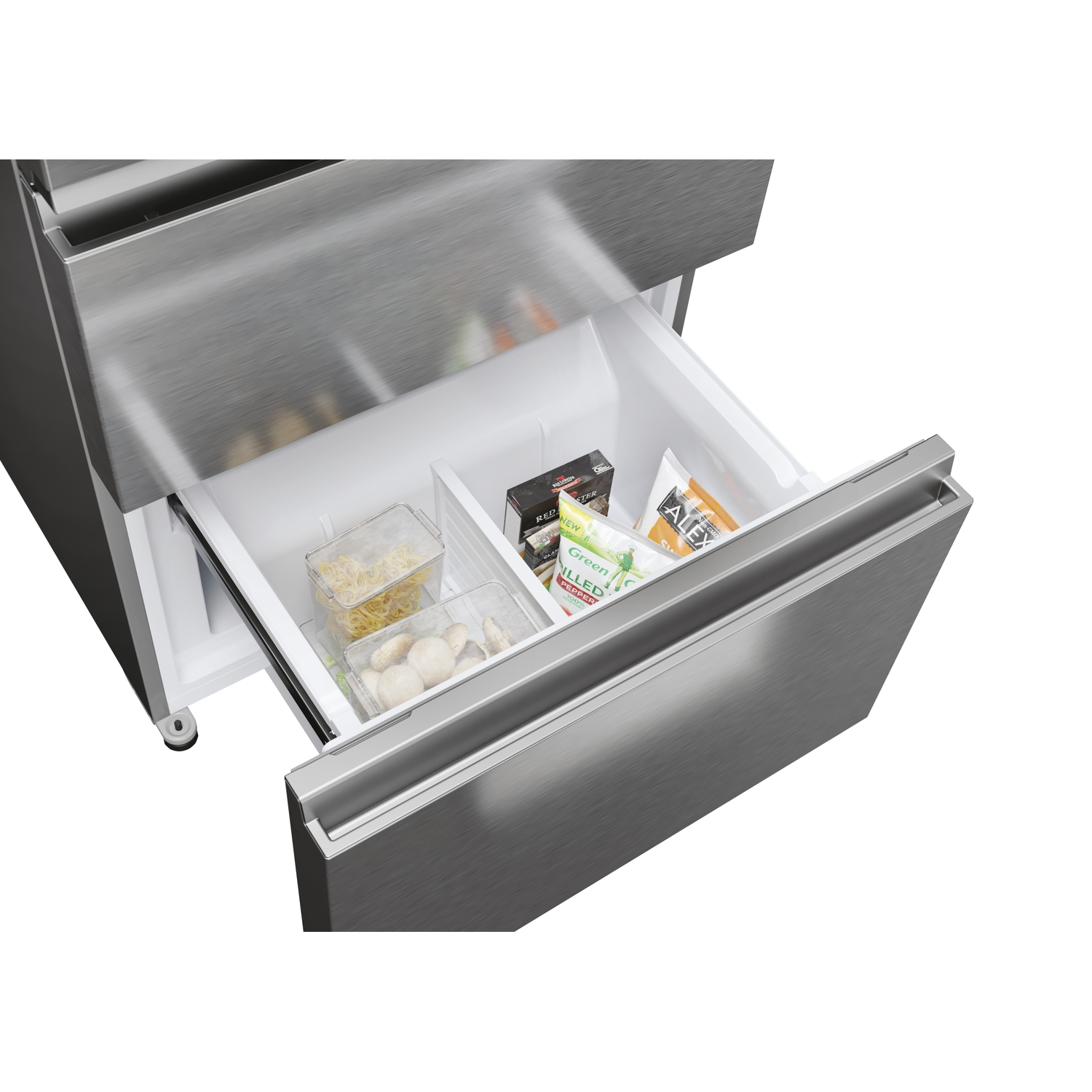 Stainless steel refrigerator with open drawer, holding food items.
