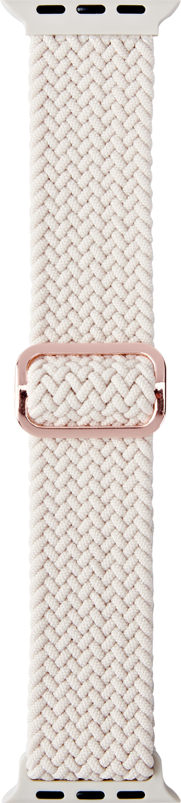 Geflochtenes Uhrenarmband mit roségoldener Schnalle und weißen Enden. Vertikale Ansicht.