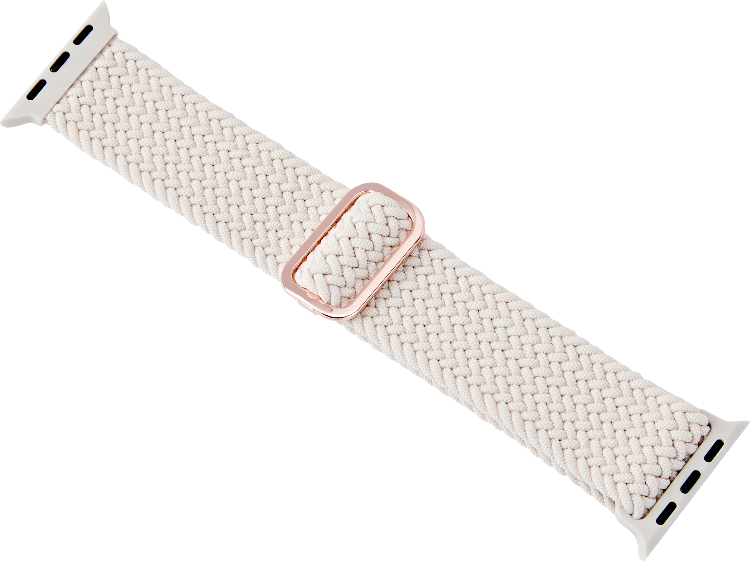 Weißes geflochtenes Apple Watch Armband mit roségoldener Schnalle.