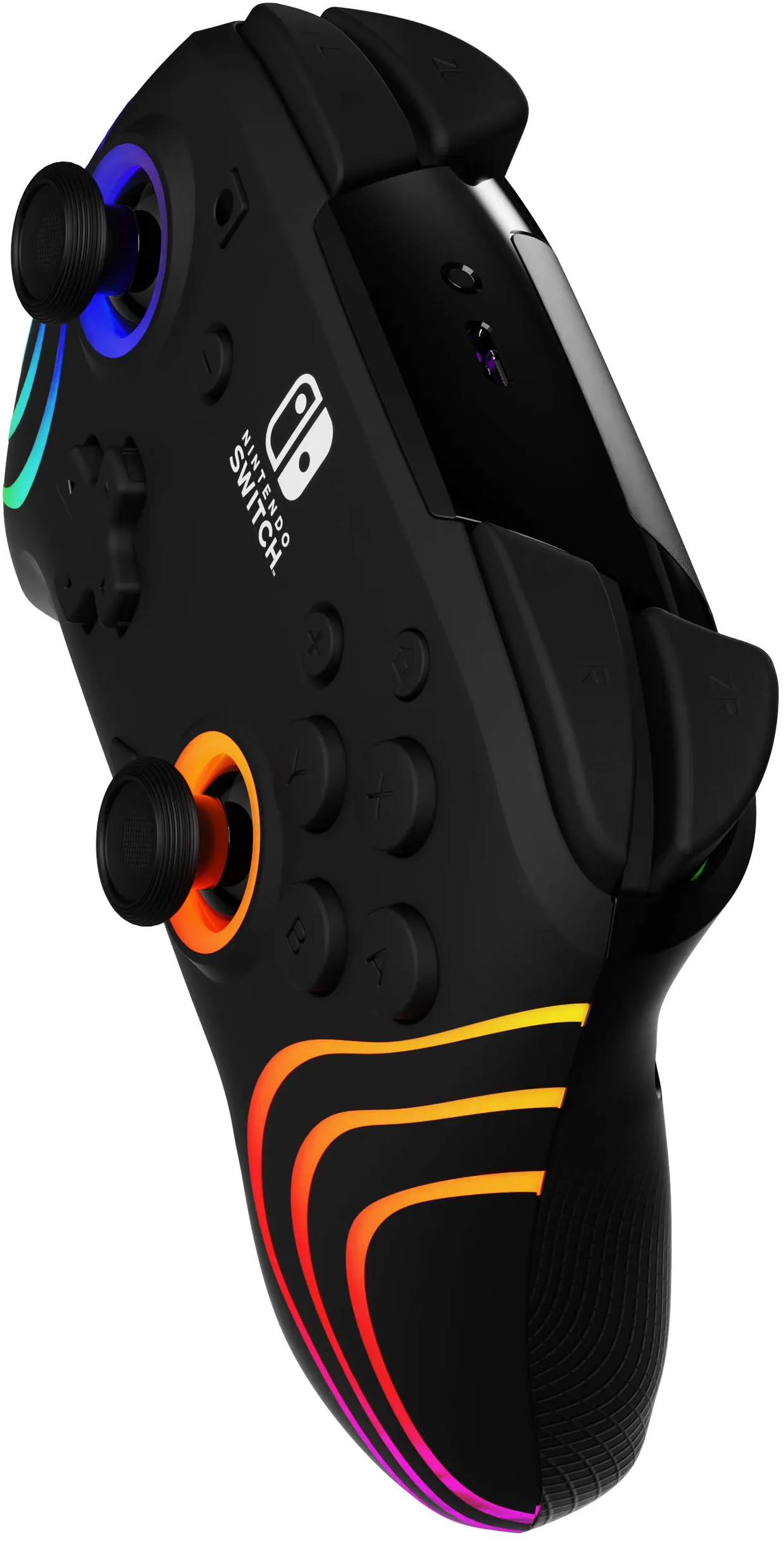 Un controller Nintendo Switch nero con accenti colorati. Presenta pulsanti, joystick e il logo Switch.