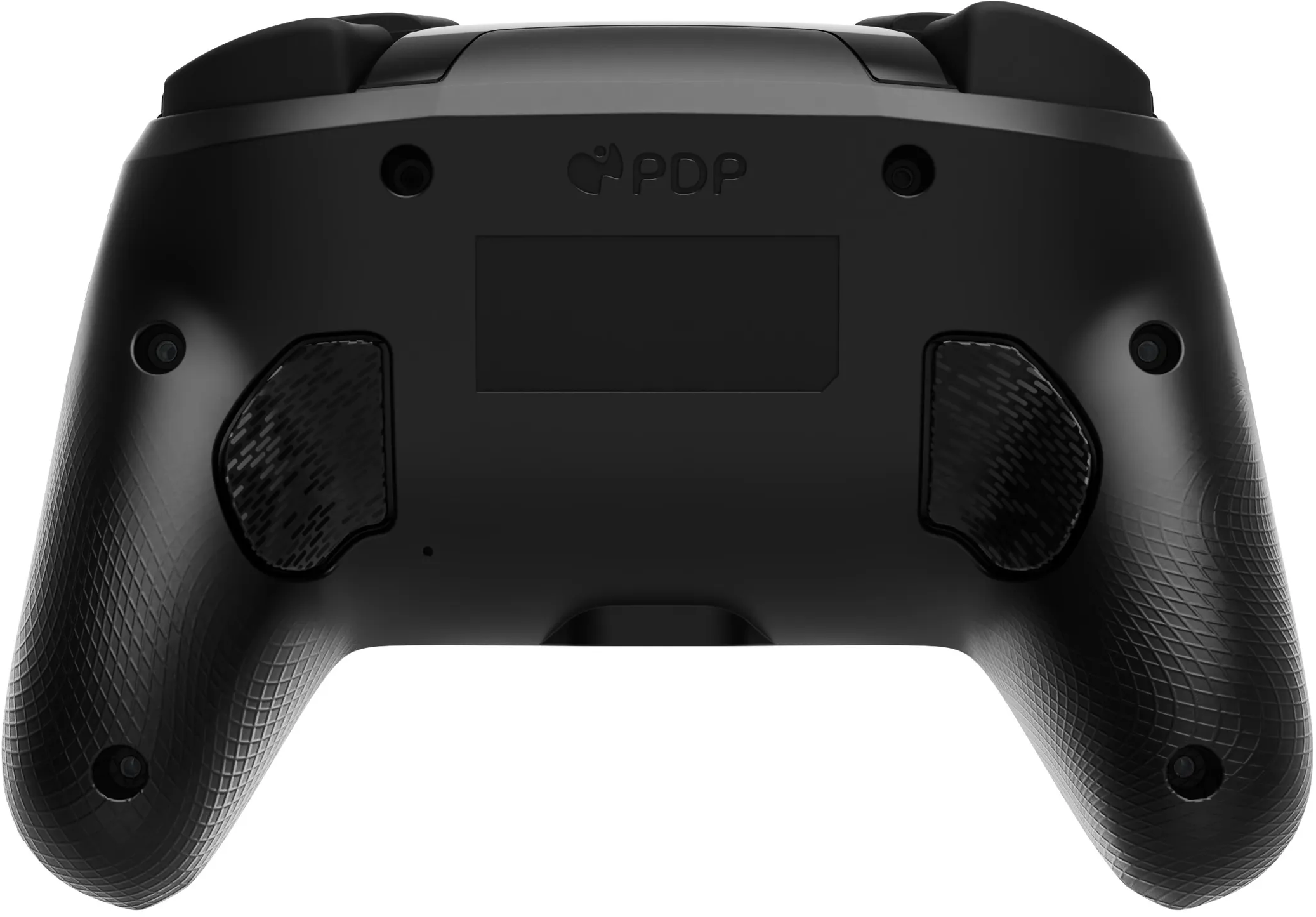 Controller gamepad nero, vista posteriore, con impugnature testurizzate e logo PDP in alto.