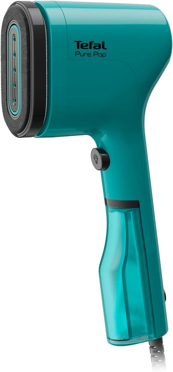 Türkisfarbener Tefal Pure Pop Dampfgarer. Schwarze Details, Griff und Wassertank.