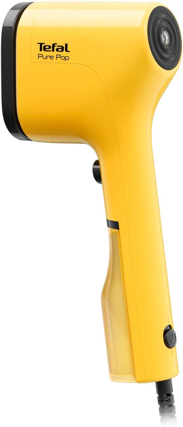 Un défroisseur Tefal Pure Pop jaune. Il possède un bouton marche/arrêt noir et un réservoir d'eau transparent.