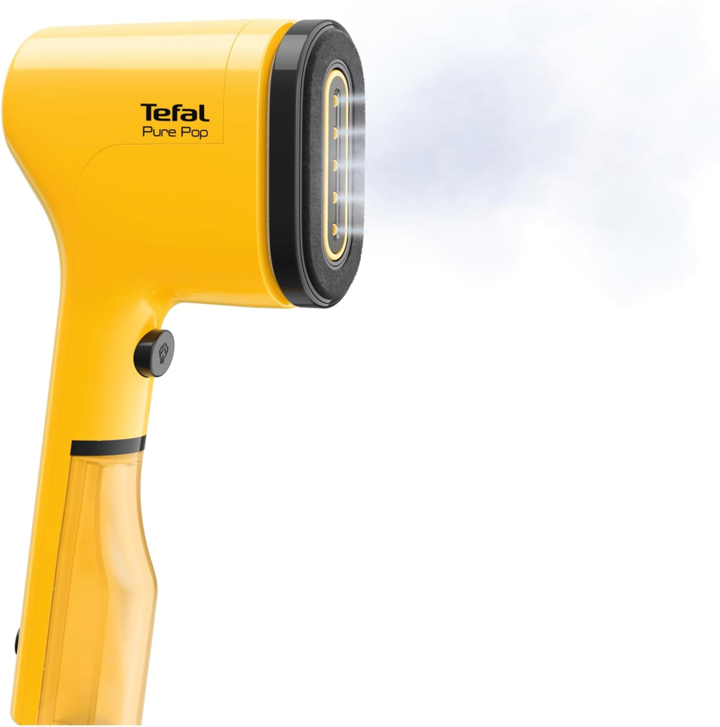 Vapeur Tefal Pure Pop jaune avec émission de vapeur. Produit isolé sur fond blanc.