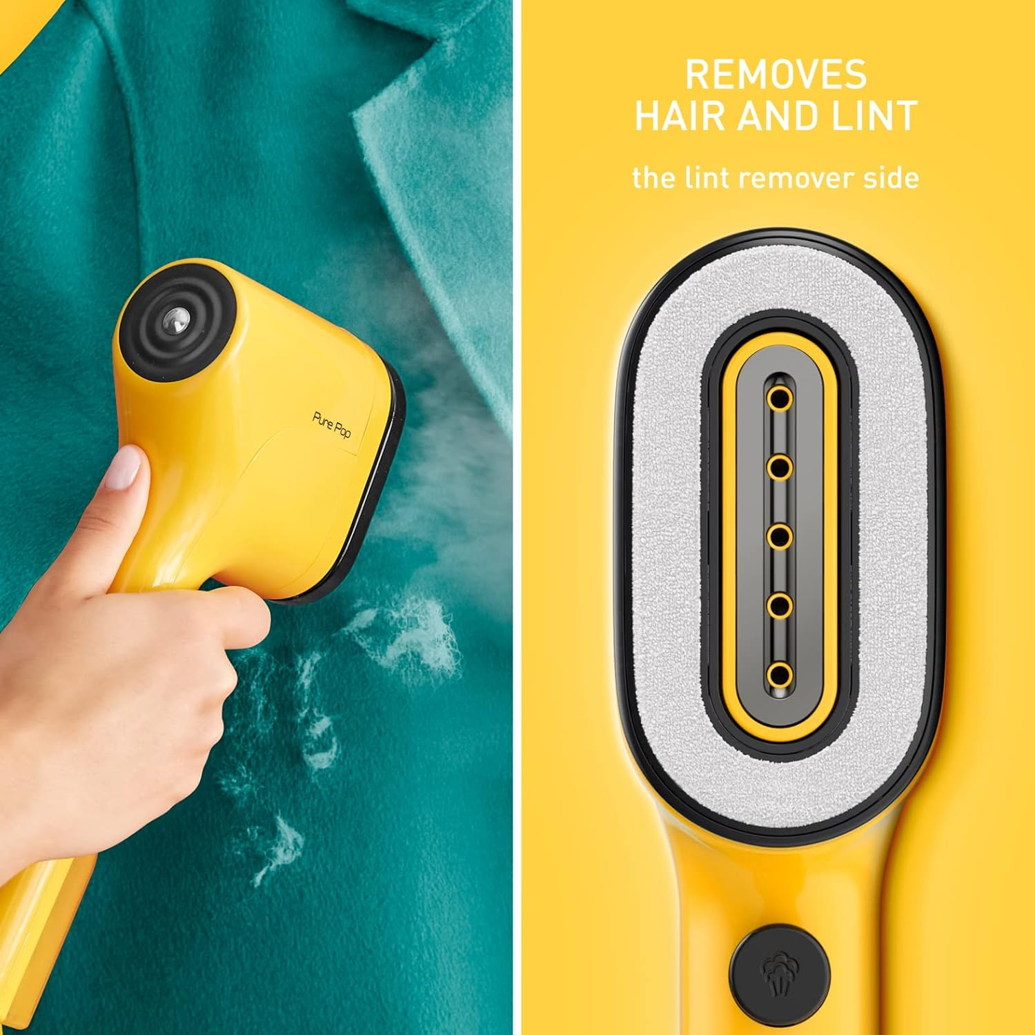 Vapeur de vêtements jaune à gauche, détail de la tête du vapeur à droite.