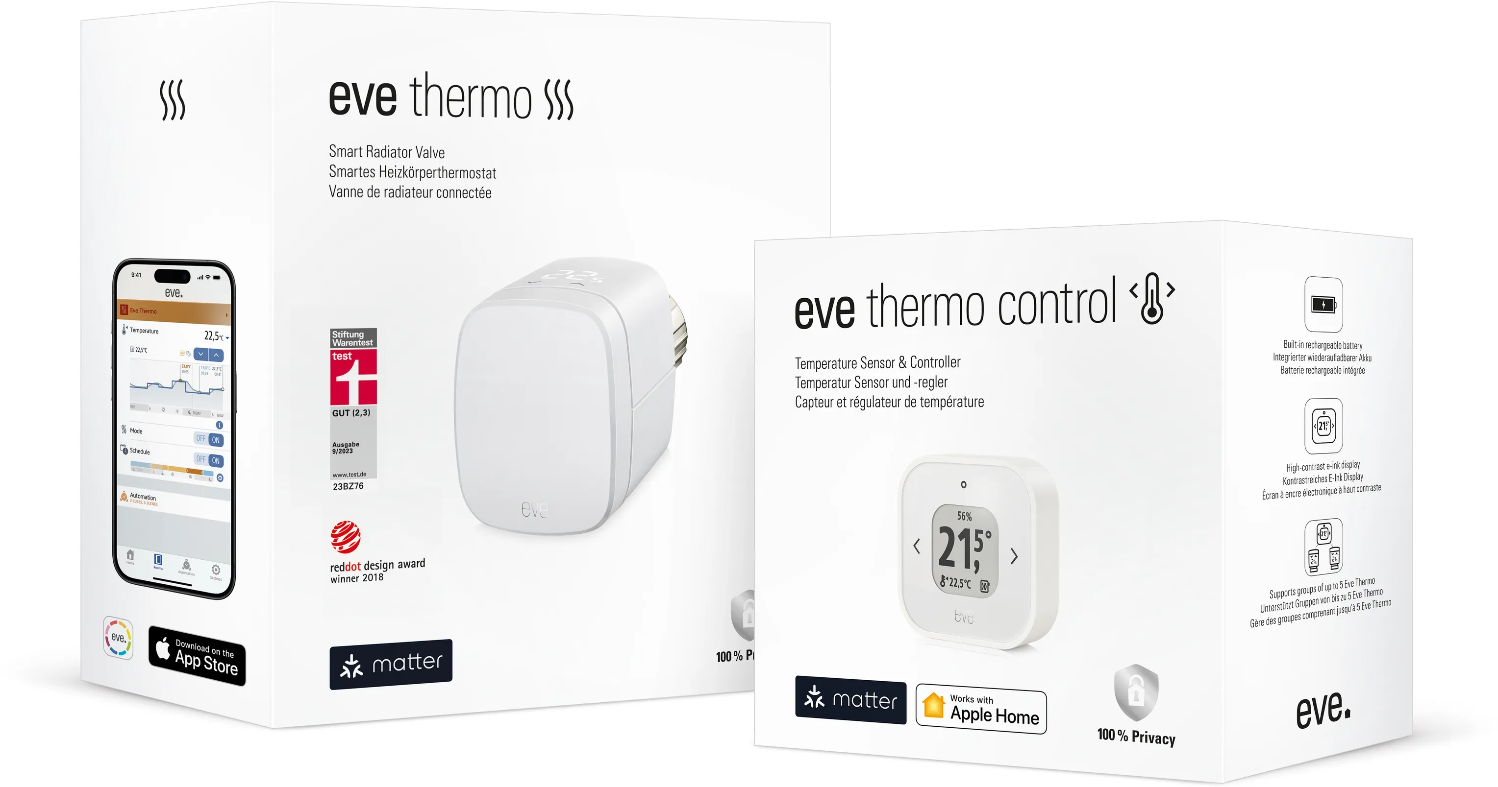 Zwei weiße Boxen: 'eve thermo' und 'eve thermo control', mit Produktdetails.