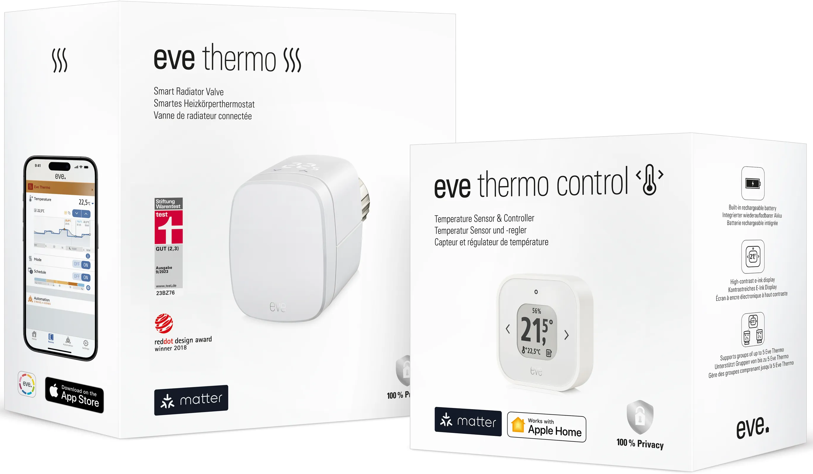 Boxen mit Eve Thermo Smart-Home-Produkten. Eine zeigt das Produkt, die andere ein Thermostat mit Display.