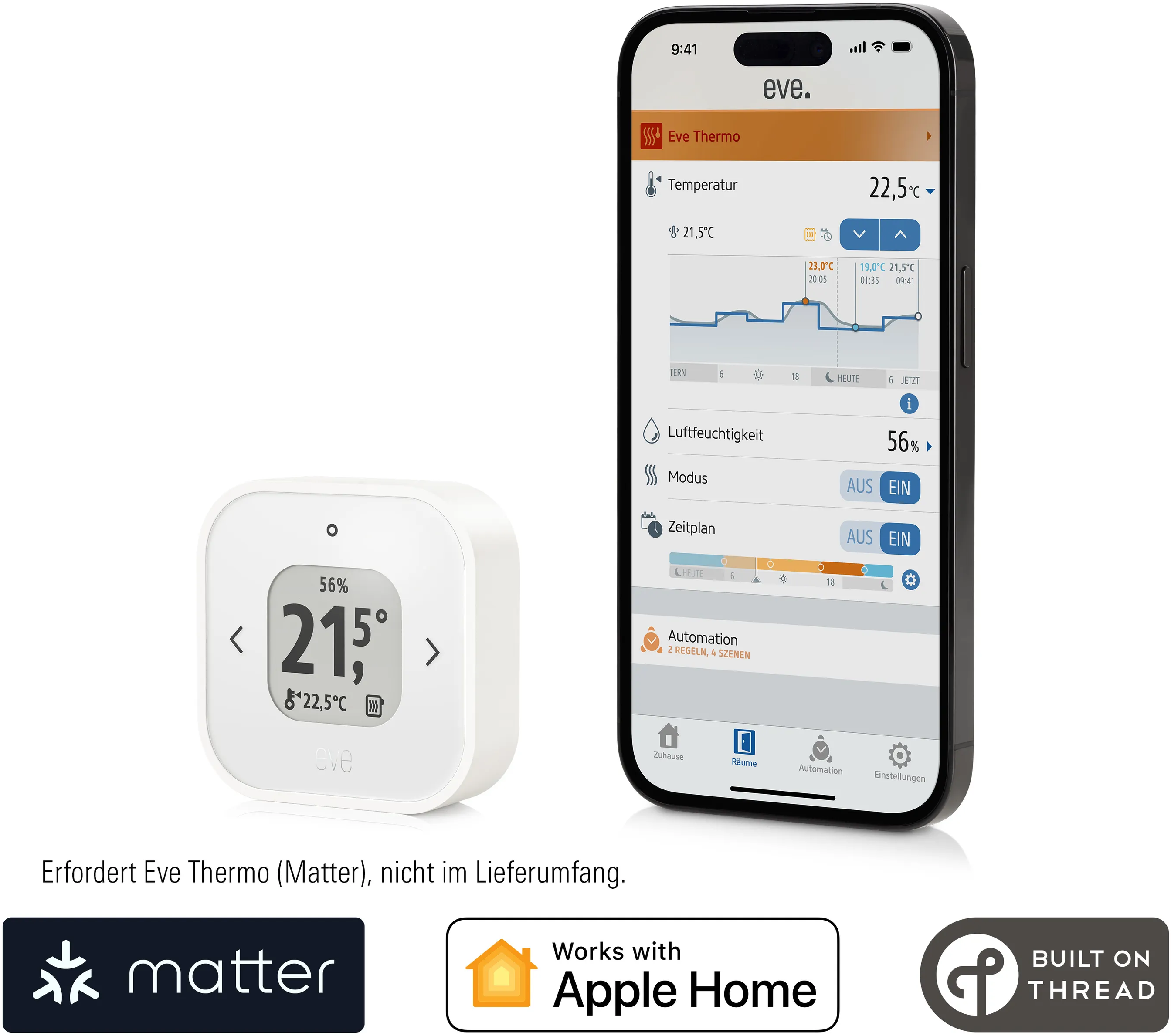 Weißer Thermostat mit Anzeige von 21,5 °C, neben einem Telefon mit der Eve Thermo App.
