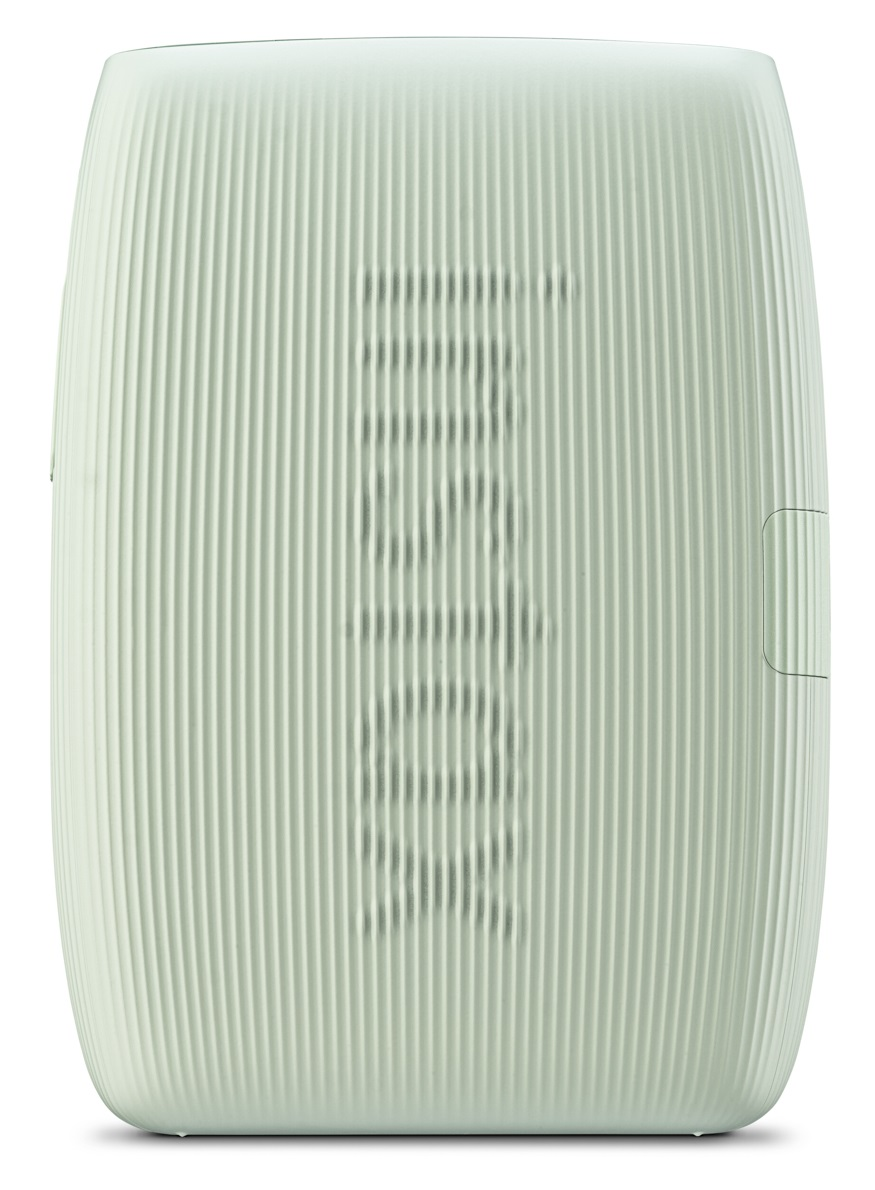 Jasnozielony głośnik przenośny z pionowymi liniami i marką JBL.