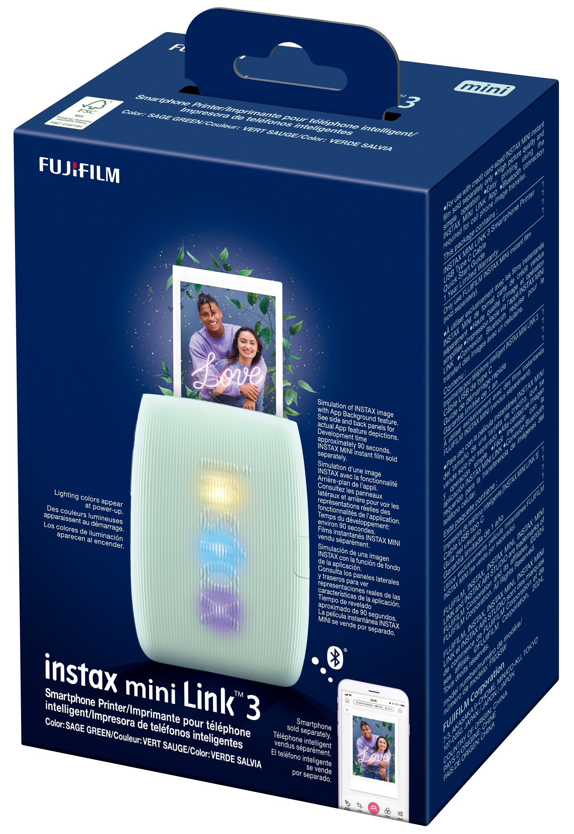 Drukarka Fujifilm Instax Mini Link 3 z pudełkiem. Pudełko ma zdjęcie pary i tekst.