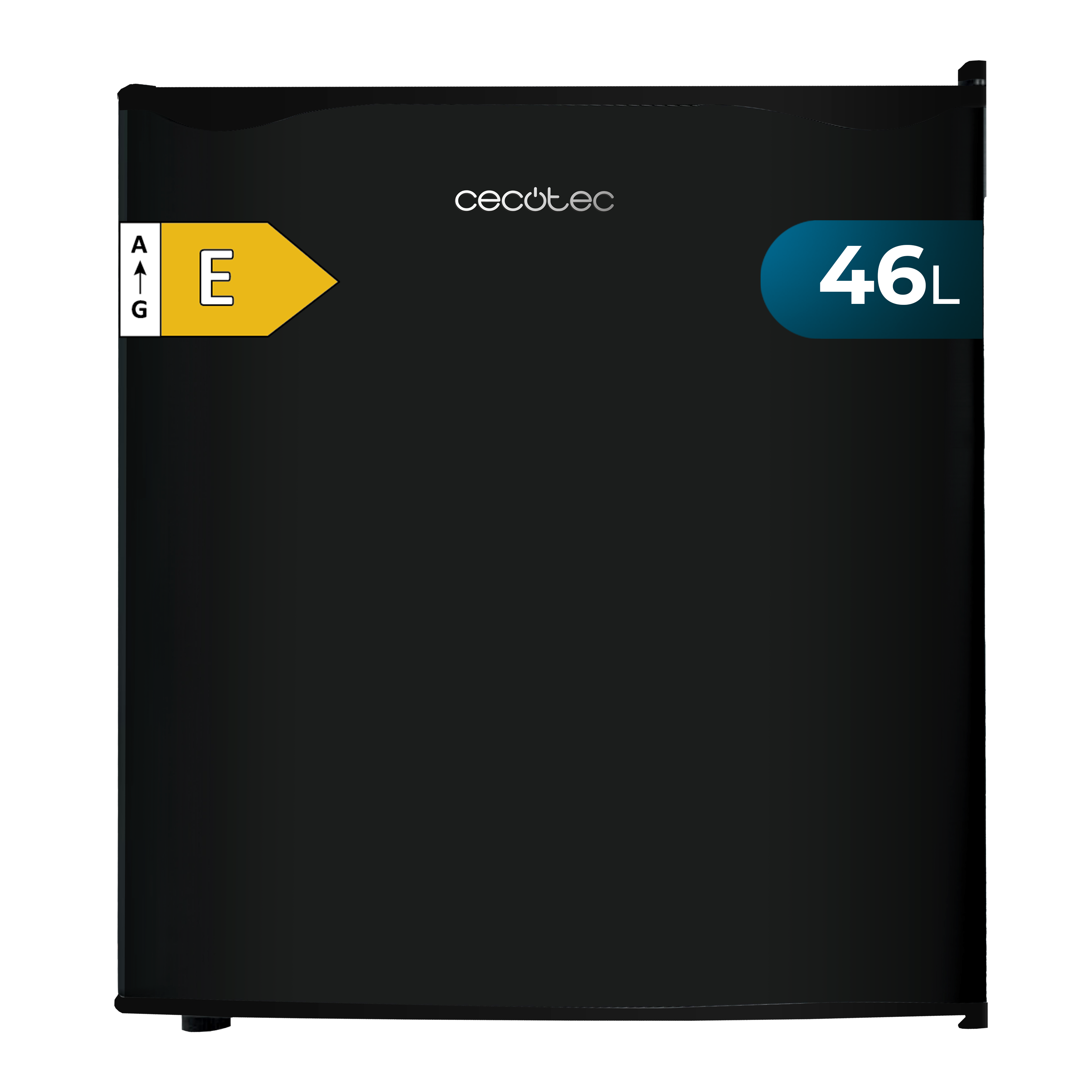 Frigorífico Cecotec negro, etiqueta energética E, capacidad 46L. Negro, frontal. Logotipo blanco y etiqueta azul.
