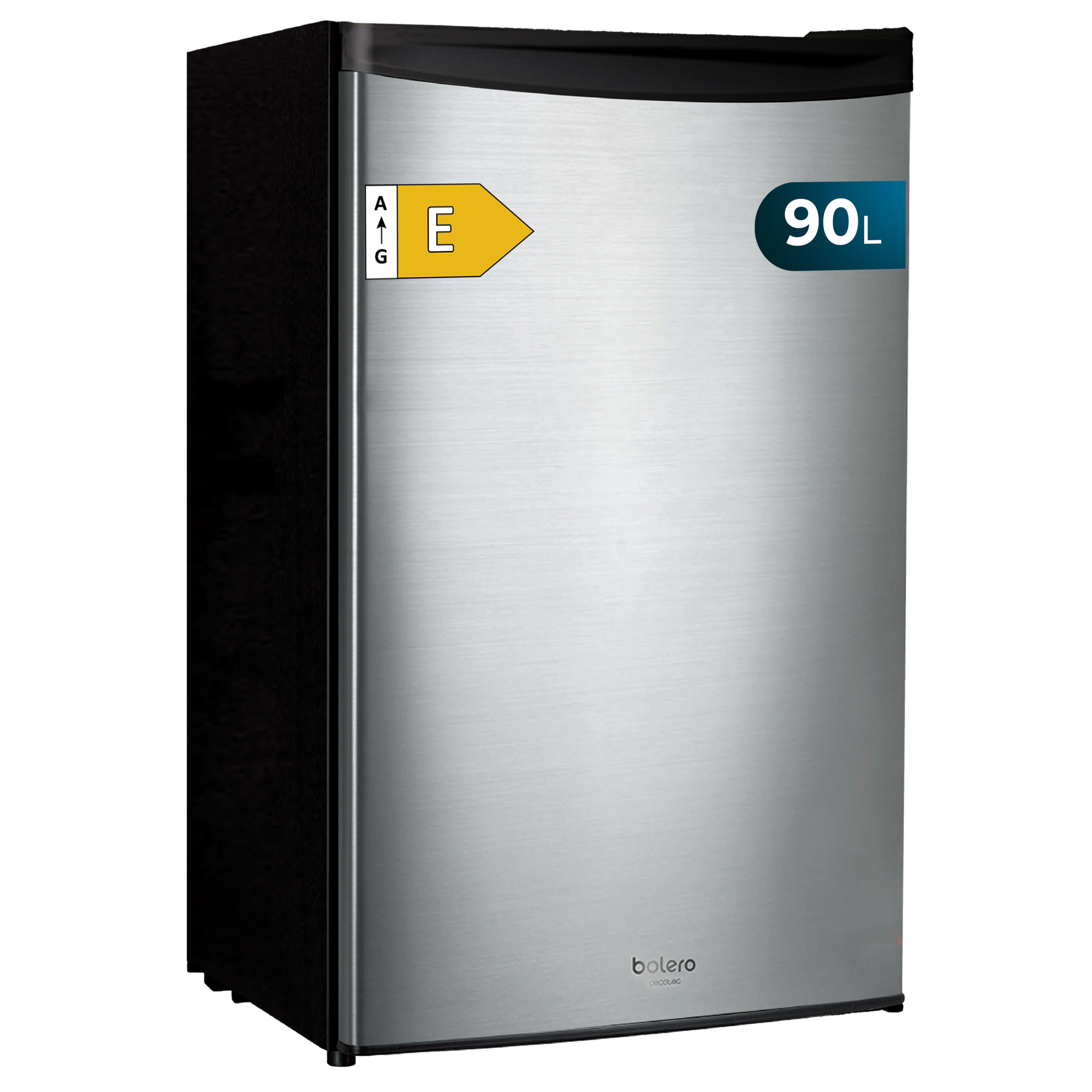 Pequeño refrigerador plateado con etiqueta energética 'E' y pegatina '90L'.