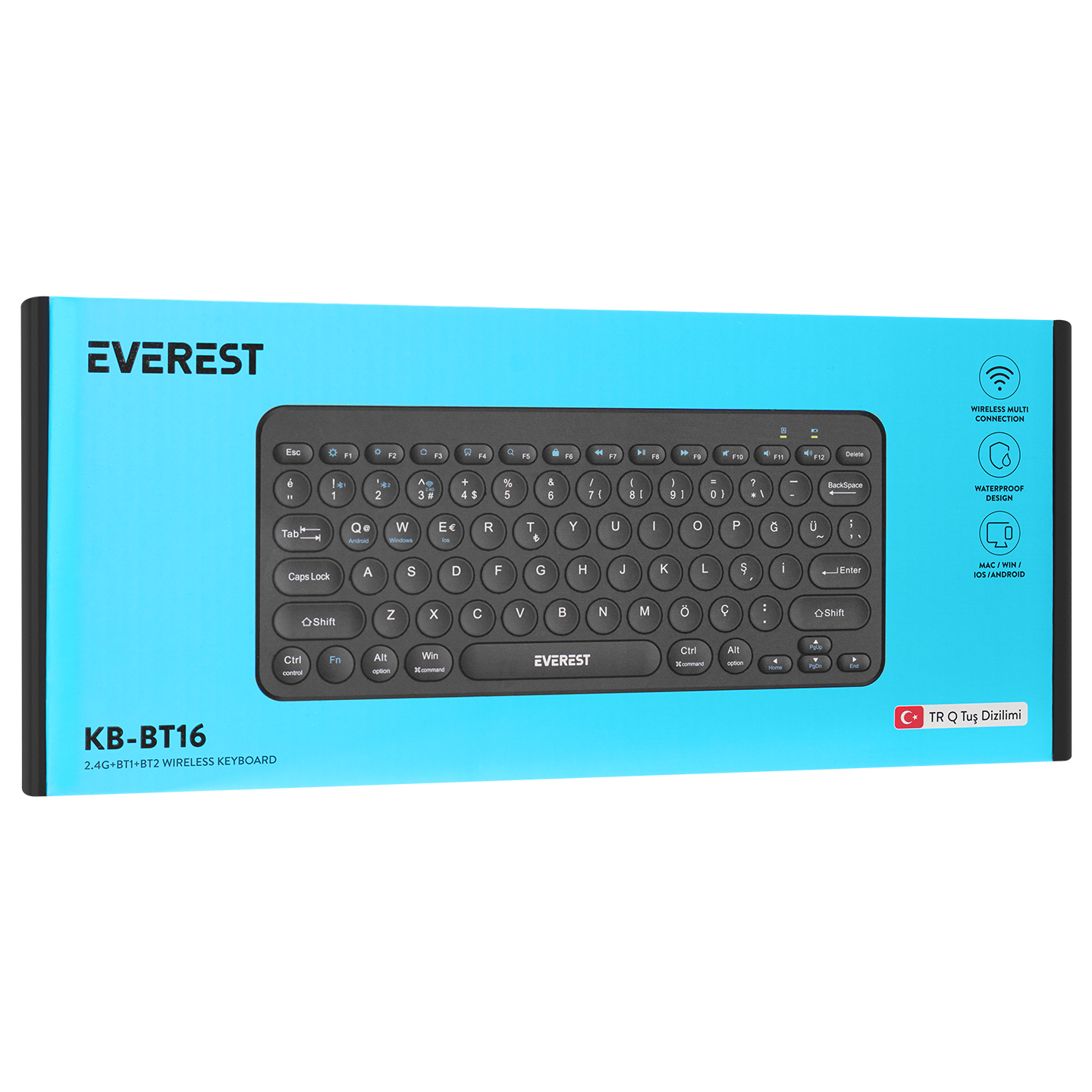 Klavye kutusu, içinde siyah klavye. Üstte Everest markası.