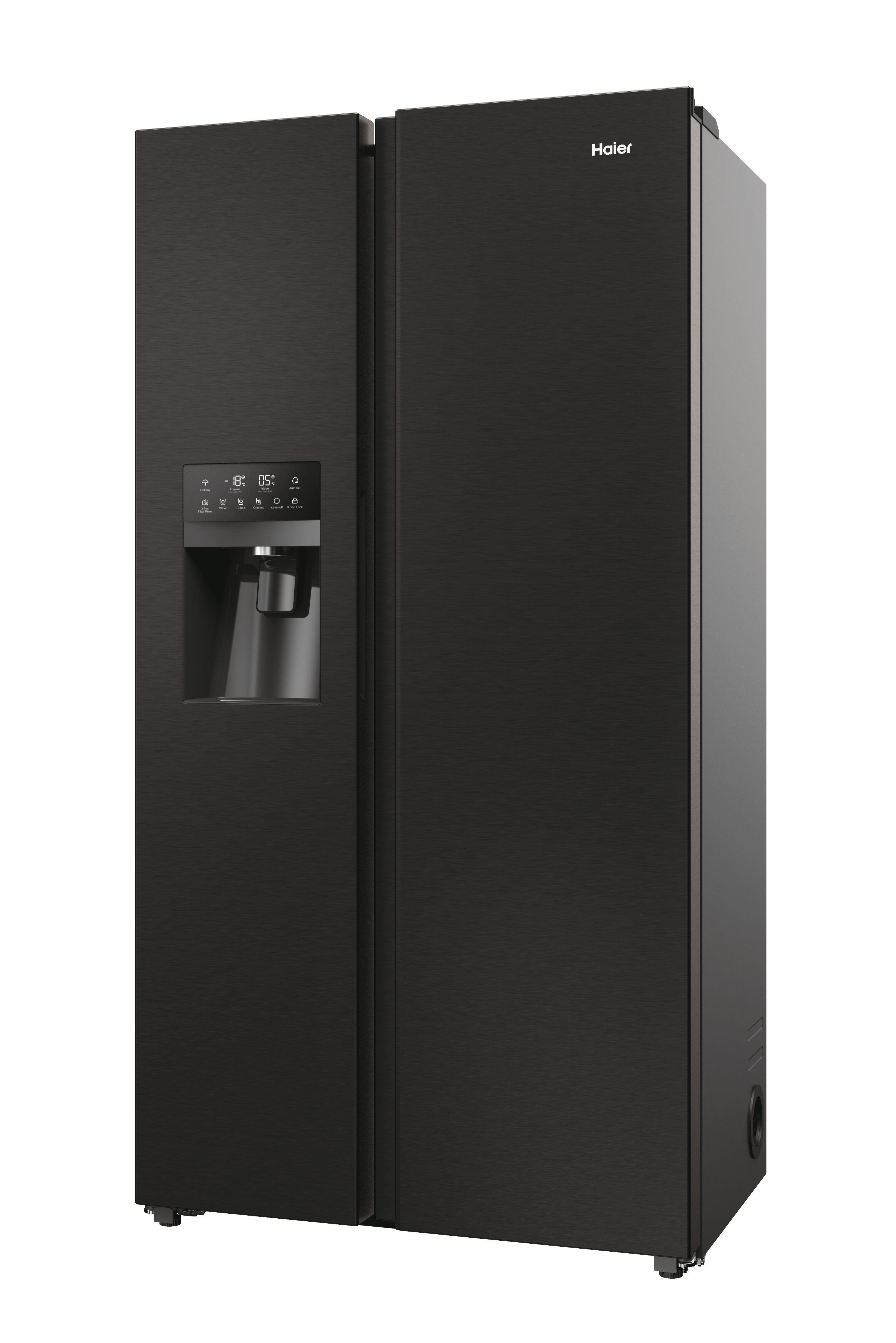 Schwarzer Haier Side-by-Side-Kühlschrank, geschlossen.