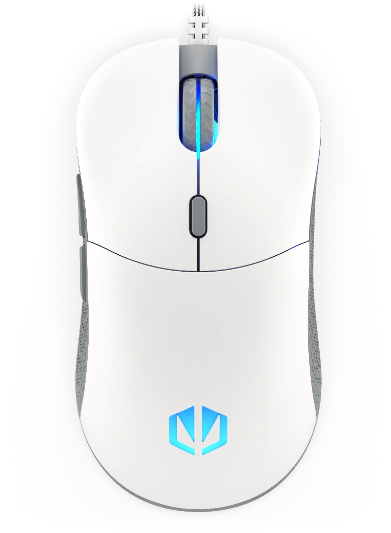 Fehér gamer egér RGB-vel, felülnézet. Görgőt és gombokat mutat, a márka logójával.
