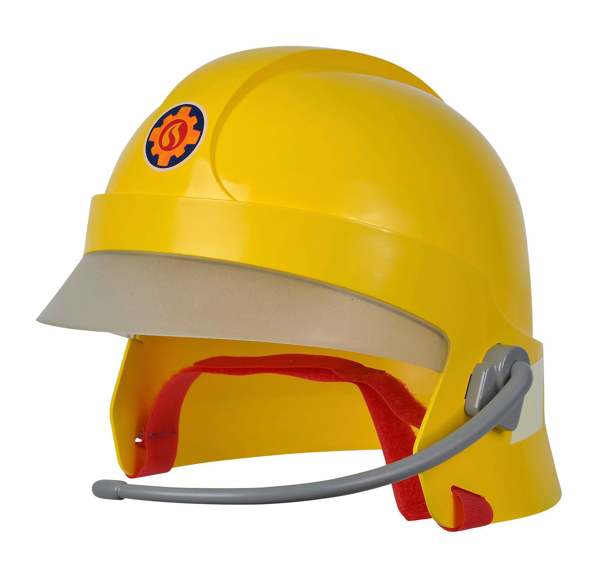 Gelber Spielzeug-Feuerwehrhelm mit Visier und roter Innenseite.