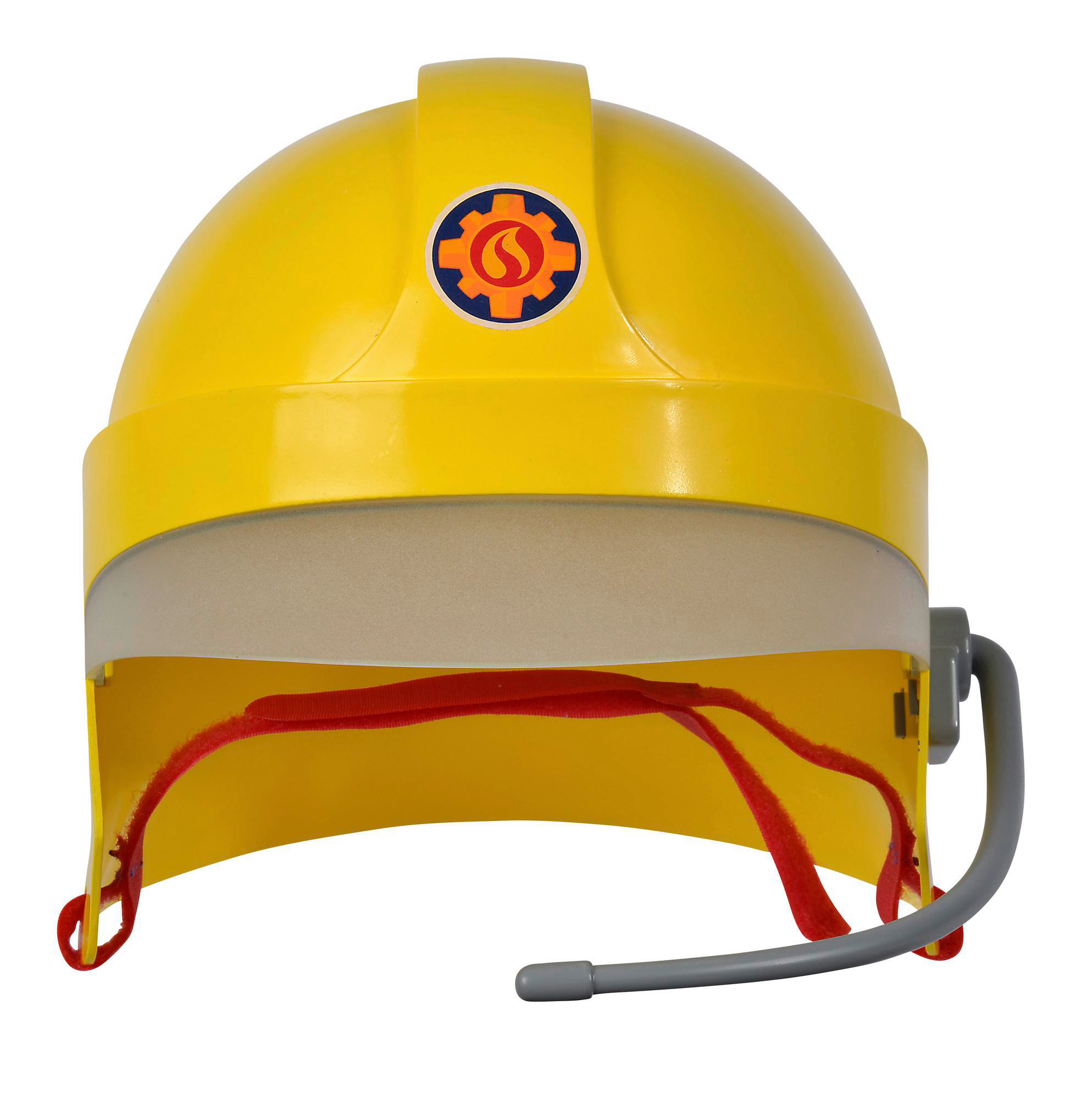 Gelber Bauhelm mit Gesichtsschutz und Kinnriemen. Weißer Hintergrund.