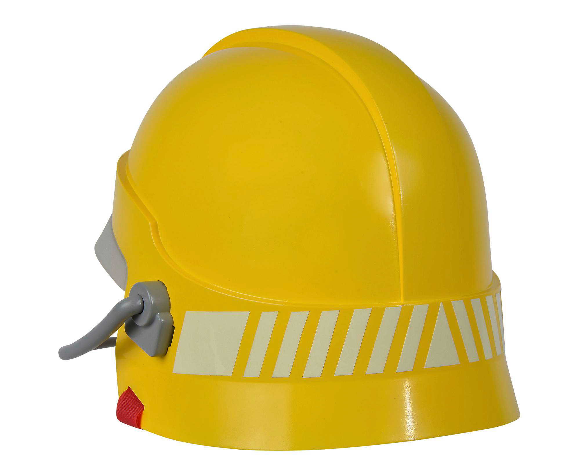 Ein gelber Feuerwehrhelm mit reflektierendem Streifen und rotem Detail.