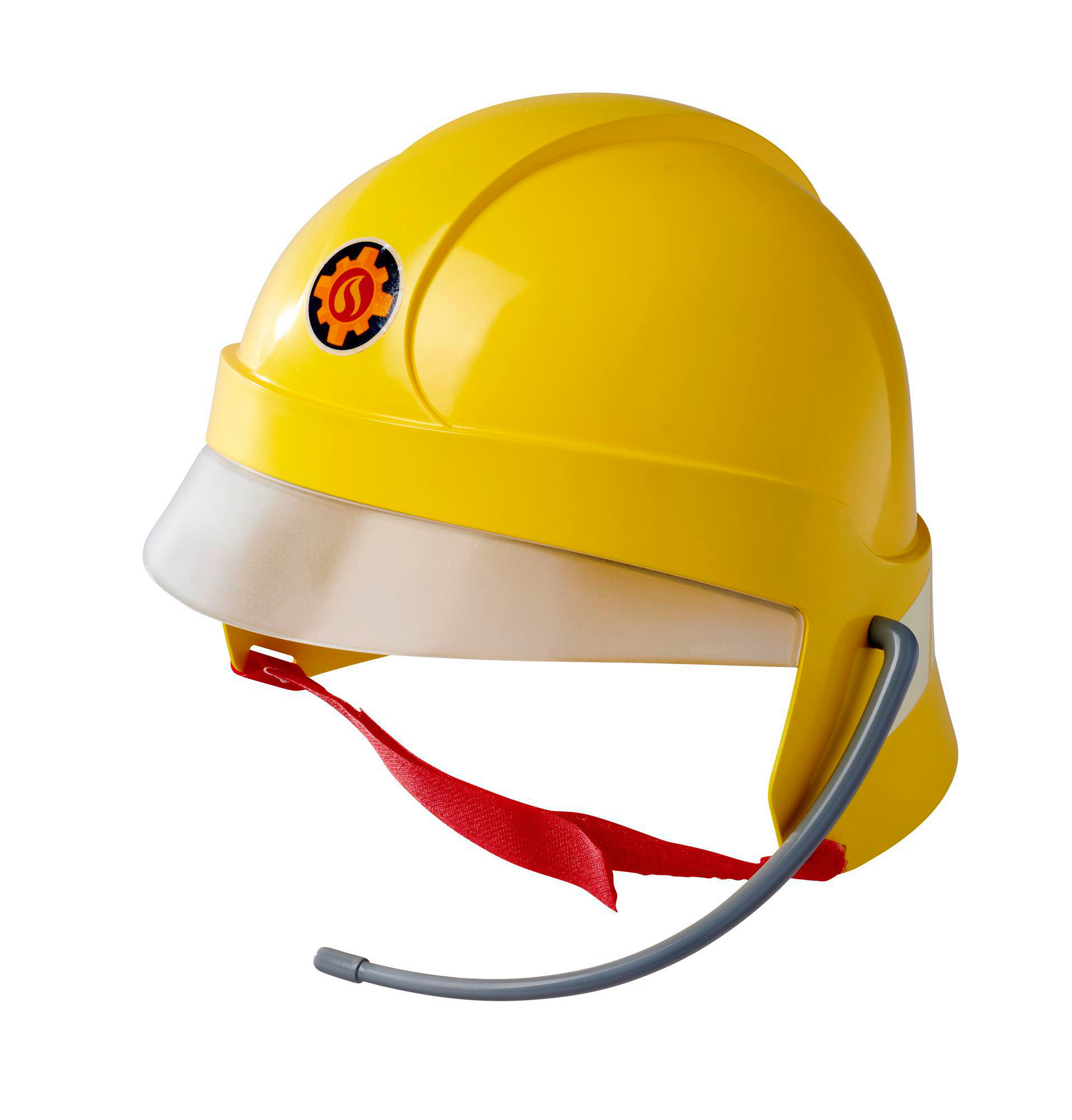 Gelber Feuerwehrhelm mit Visier, Kinnriemen und Logo.