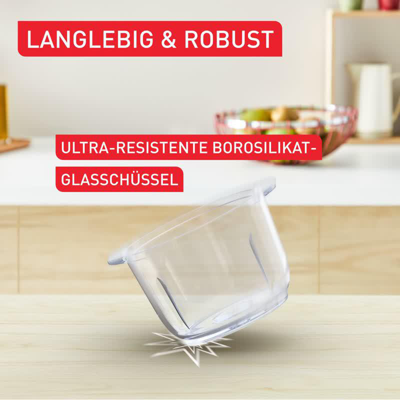 Klarer Glasbehälter auf Holzoberfläche, Text darüber.
