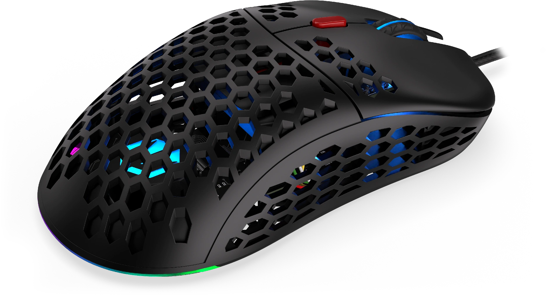 Fekete gamer egér. Méhsejt design, színes világítás. Sötét háttér.