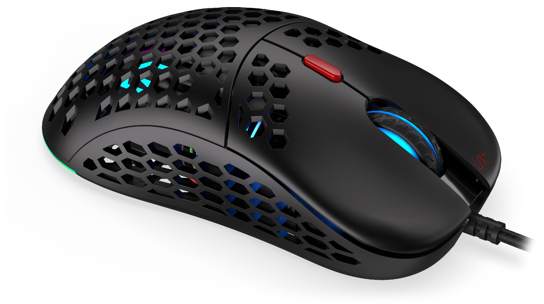 Fekete gamer egér méhsejt dizájnnal és RGB világítással. Piros gomb a tetején.