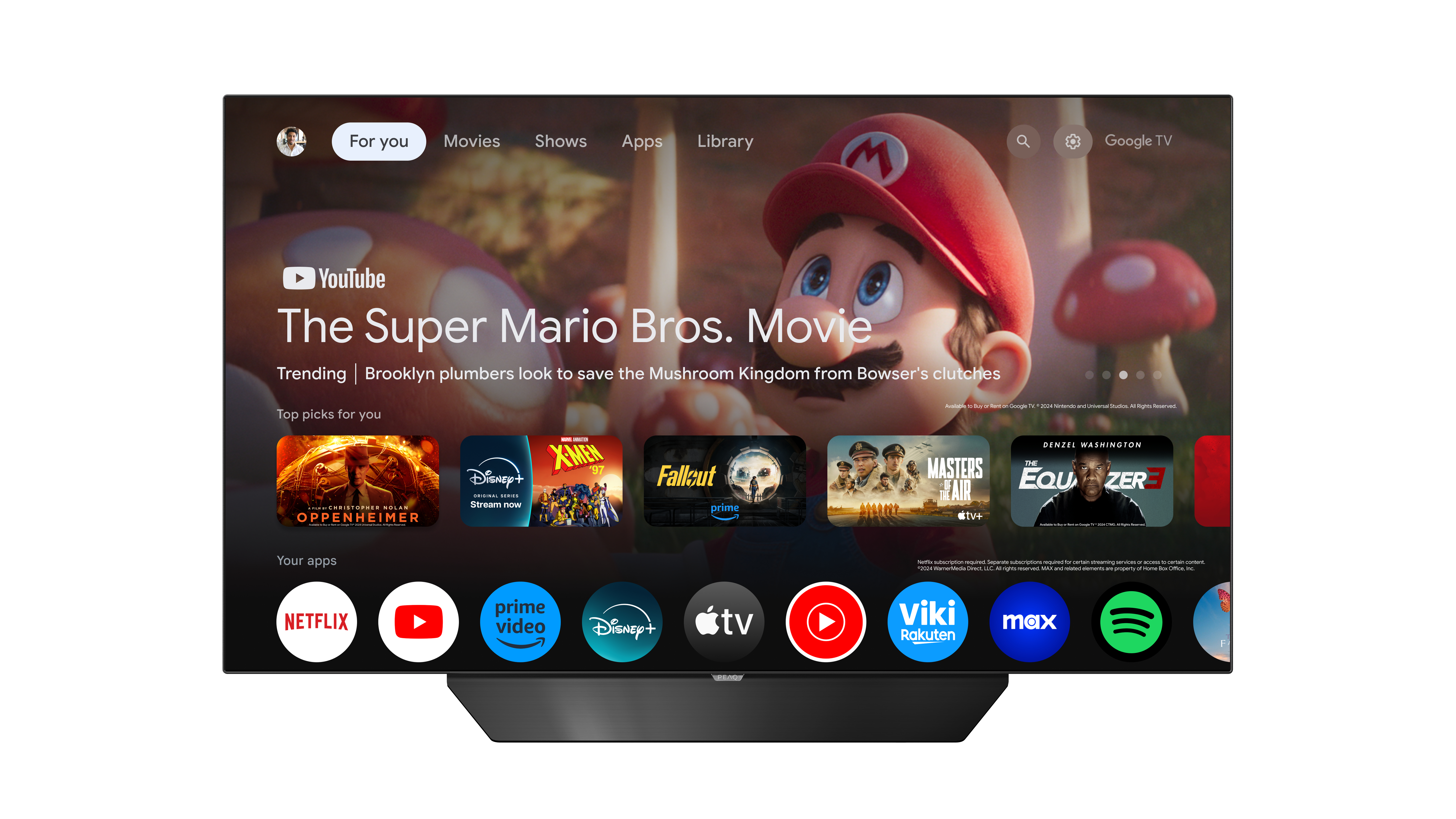 Fernseher mit Super Mario Bros. Film auf YouTube. Apps unten. Hintergrund: Pilzszene.