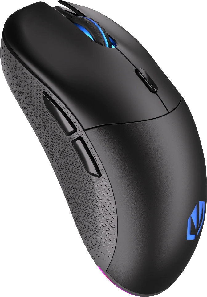 Fekete gamer egér. Gombokkal és görgetőkerékkel rendelkezik. Kék fénnyel világít.