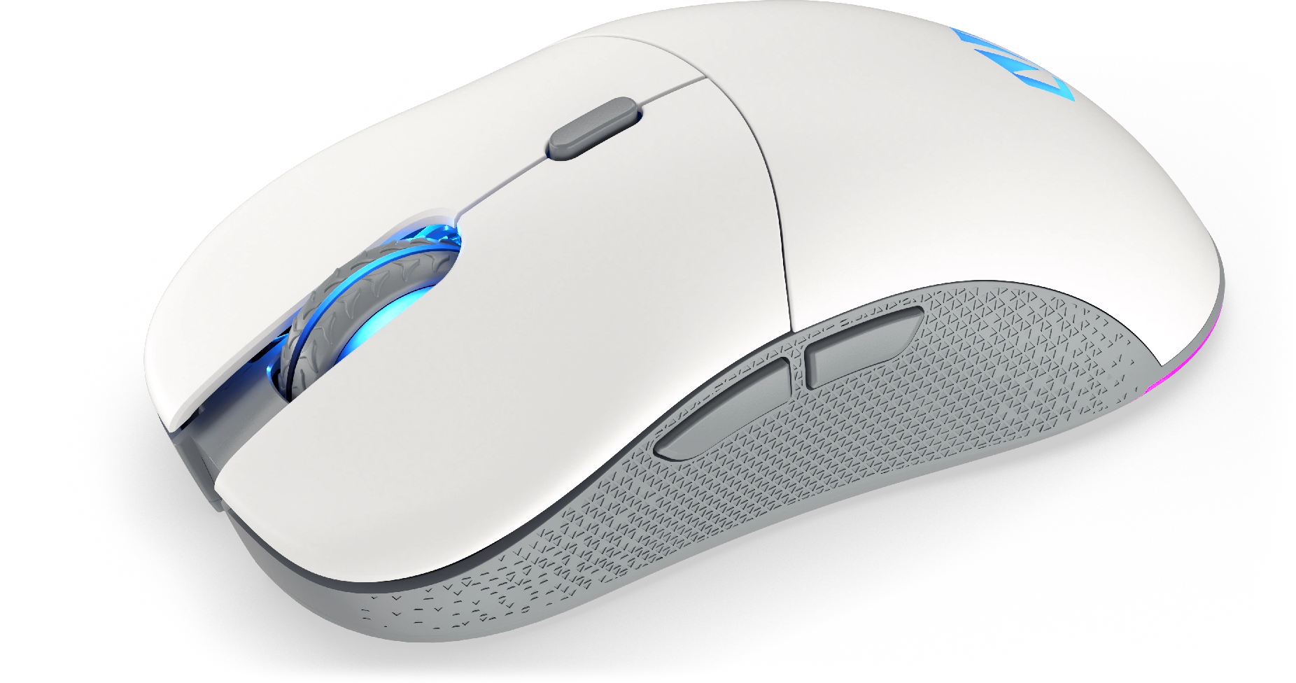 Fehér gamer egér RGB-vel, felülnézet. Görgőt, gombokat és logót mutat, szürke díszítéssel.