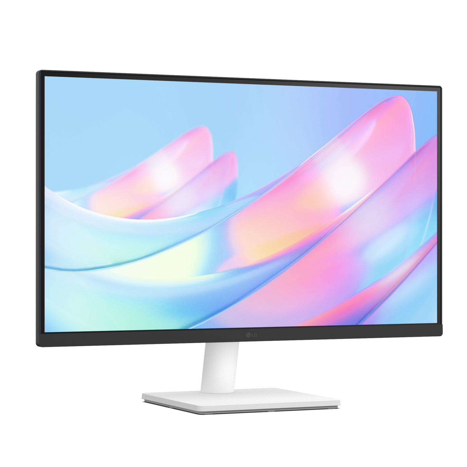 Een witte en lichtblauwe LG-monitor op een witte standaard, tegen een donkere achtergrond.