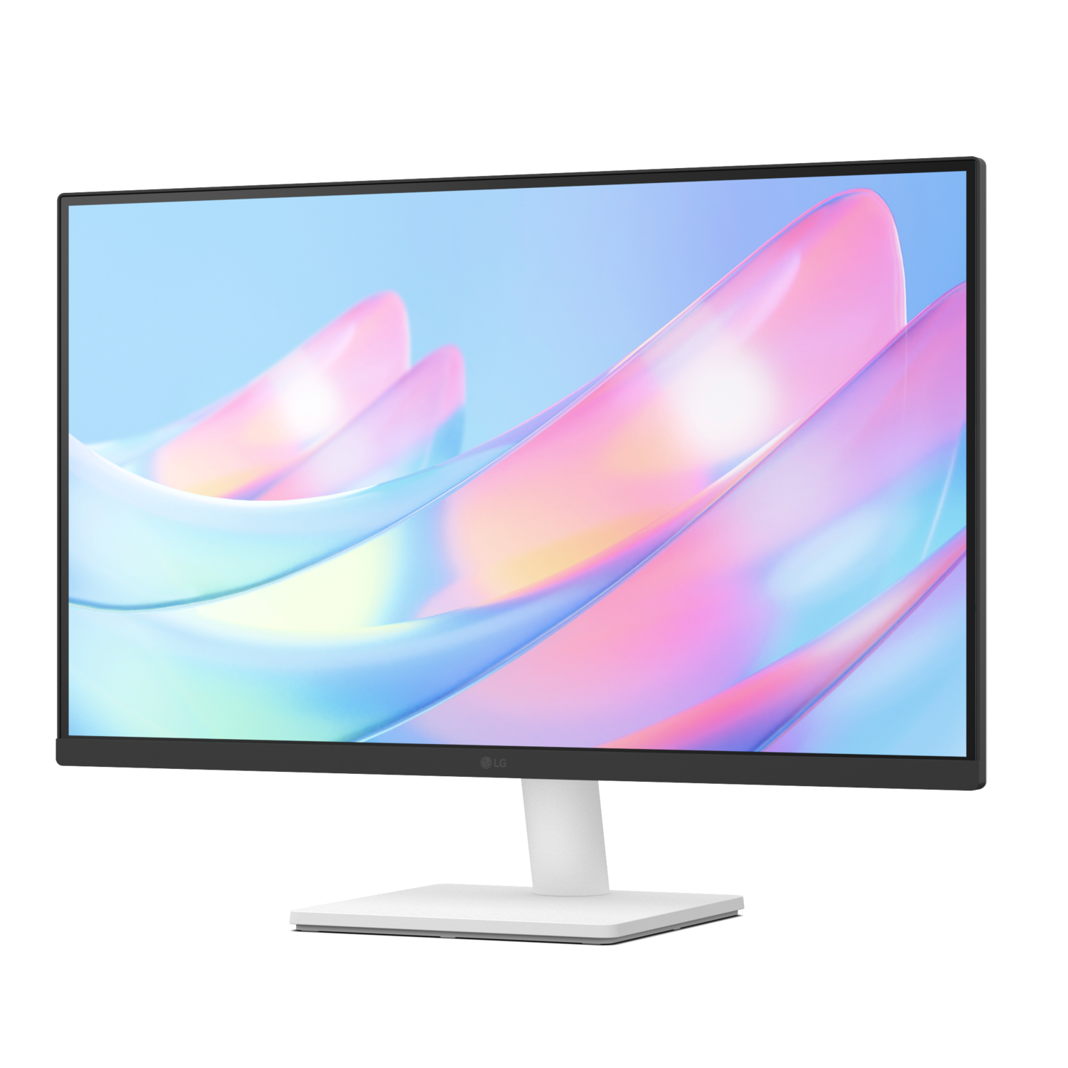Een witte LG-monitor, met een dun zwart frame, met een abstracte kleurrijke afbeelding.