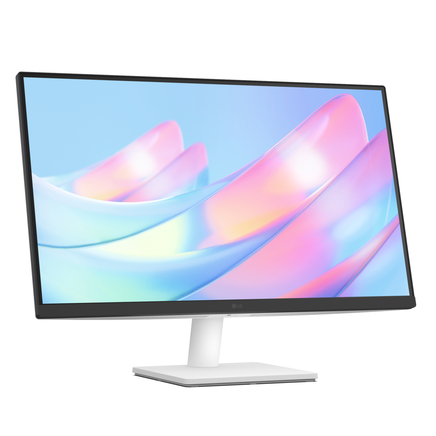 Witte LG-monitor met gebogen scherm en witte standaard. Blauwe en roze achtergrond.