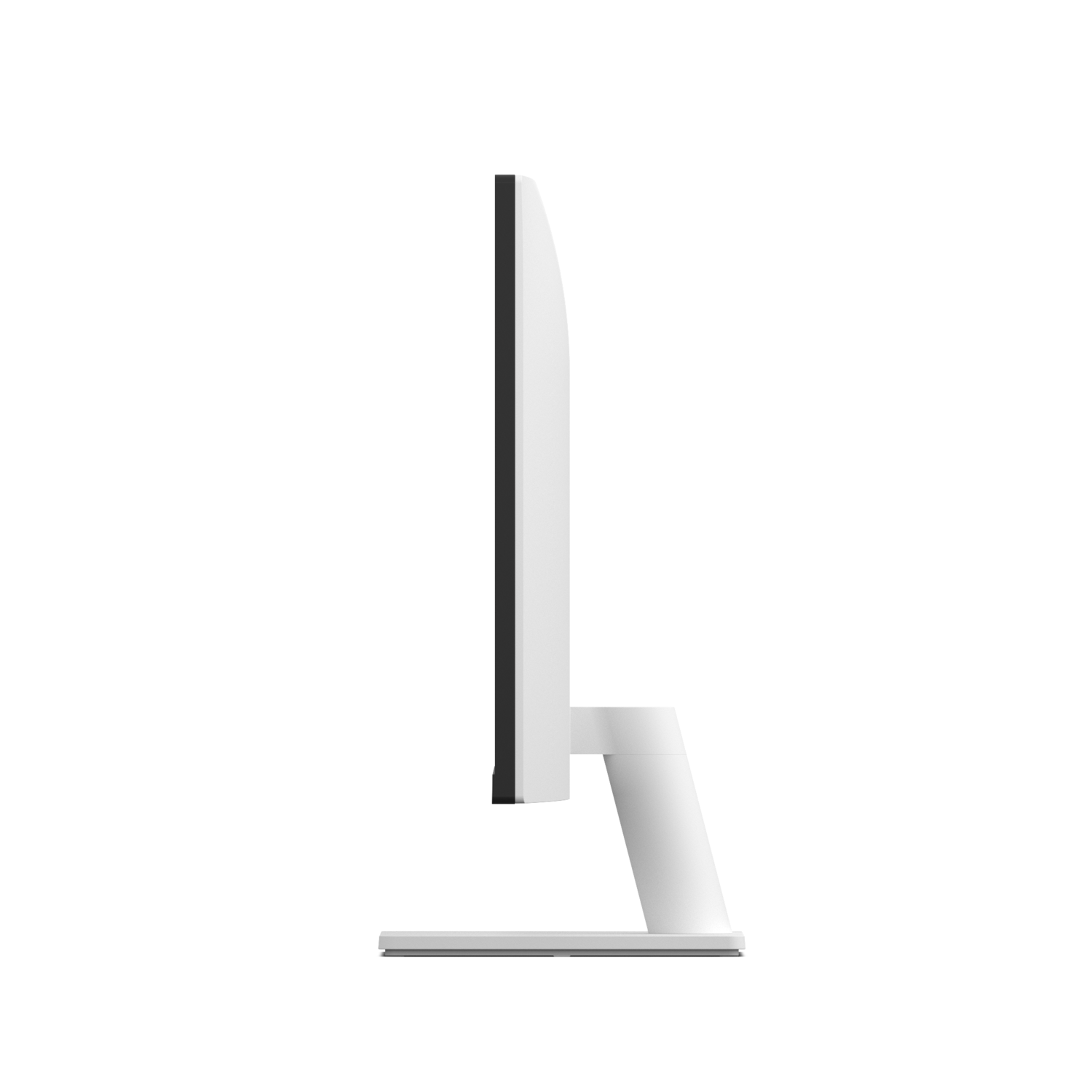 Een witte computermonitor, zijaanzicht, tegen een zwarte achtergrond. Hij heeft een witte standaard.
