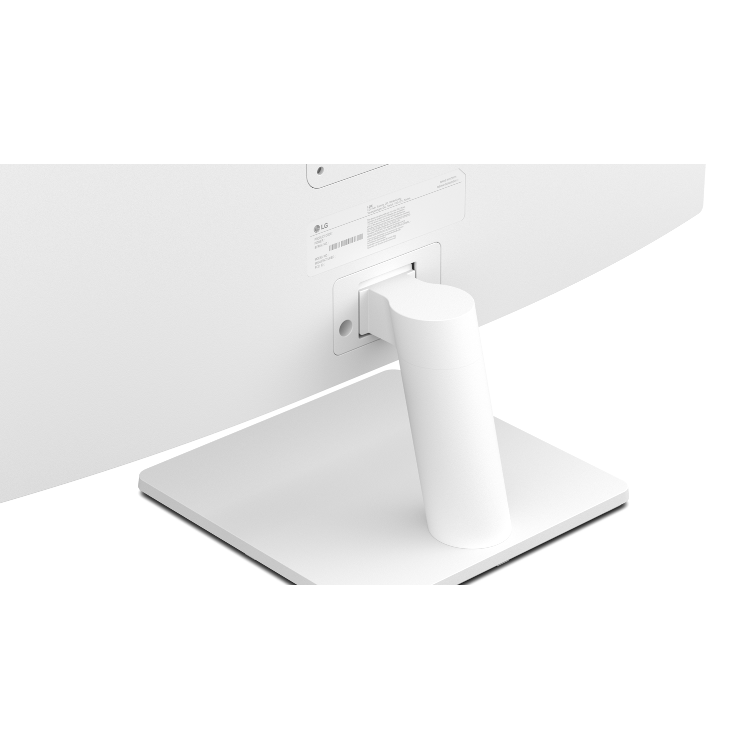 Witte computer monitorstandaard met witte basis en cilindrische steun.