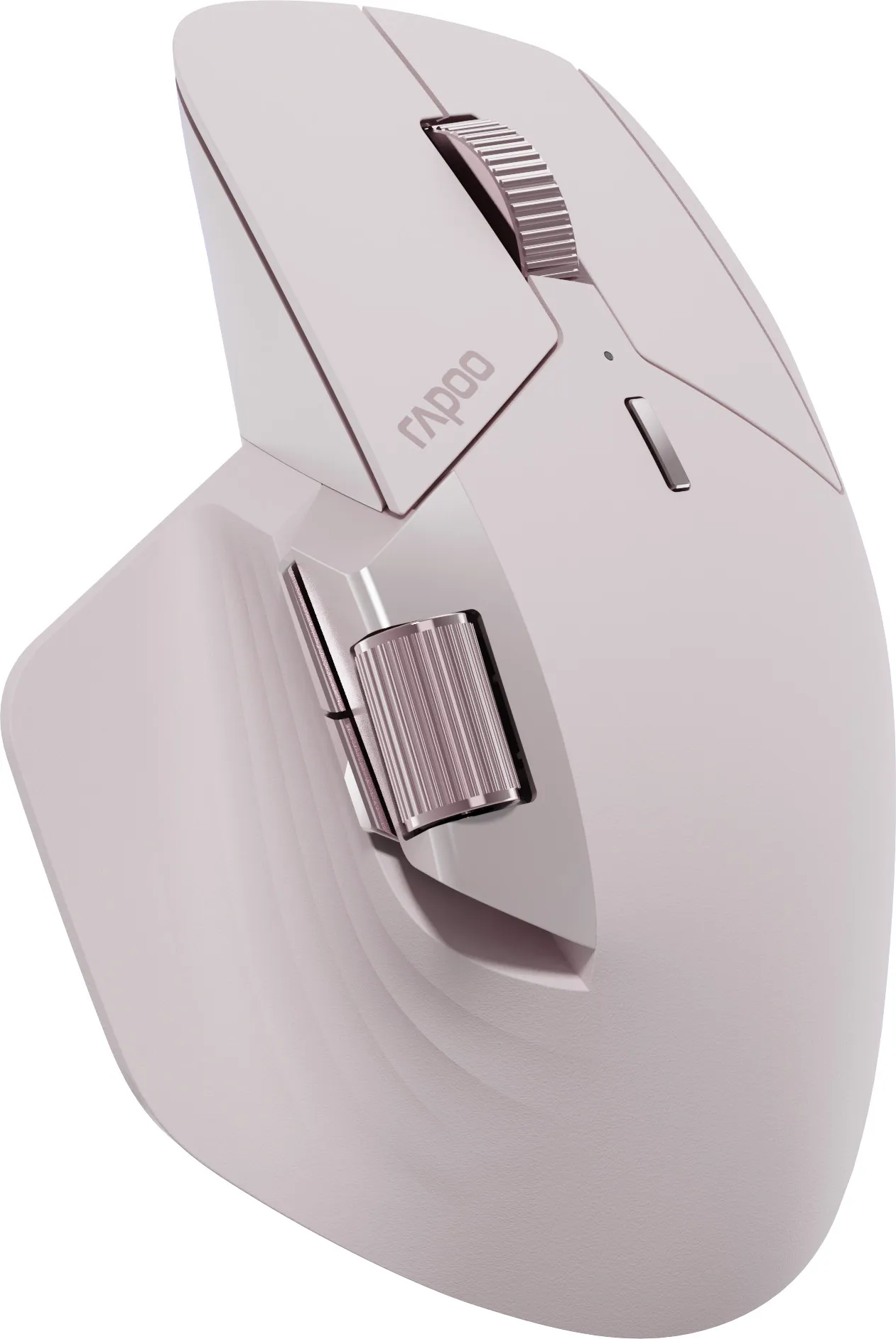 Mouse per computer bianco con rotella e pulsanti rosa.