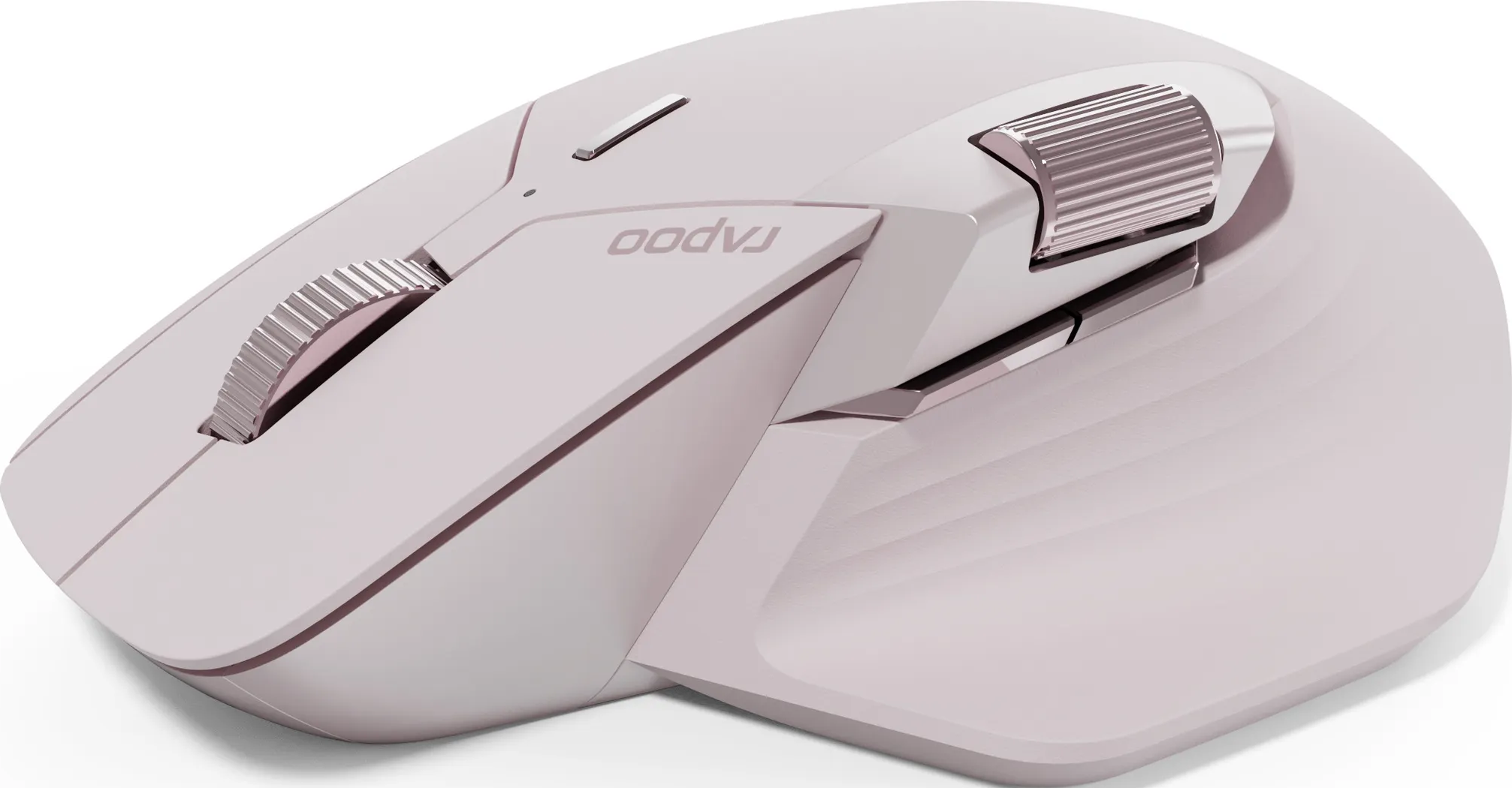 Un mouse wireless rosa chiaro, vista laterale. Rotella di scorrimento argentata e altri pulsanti.
