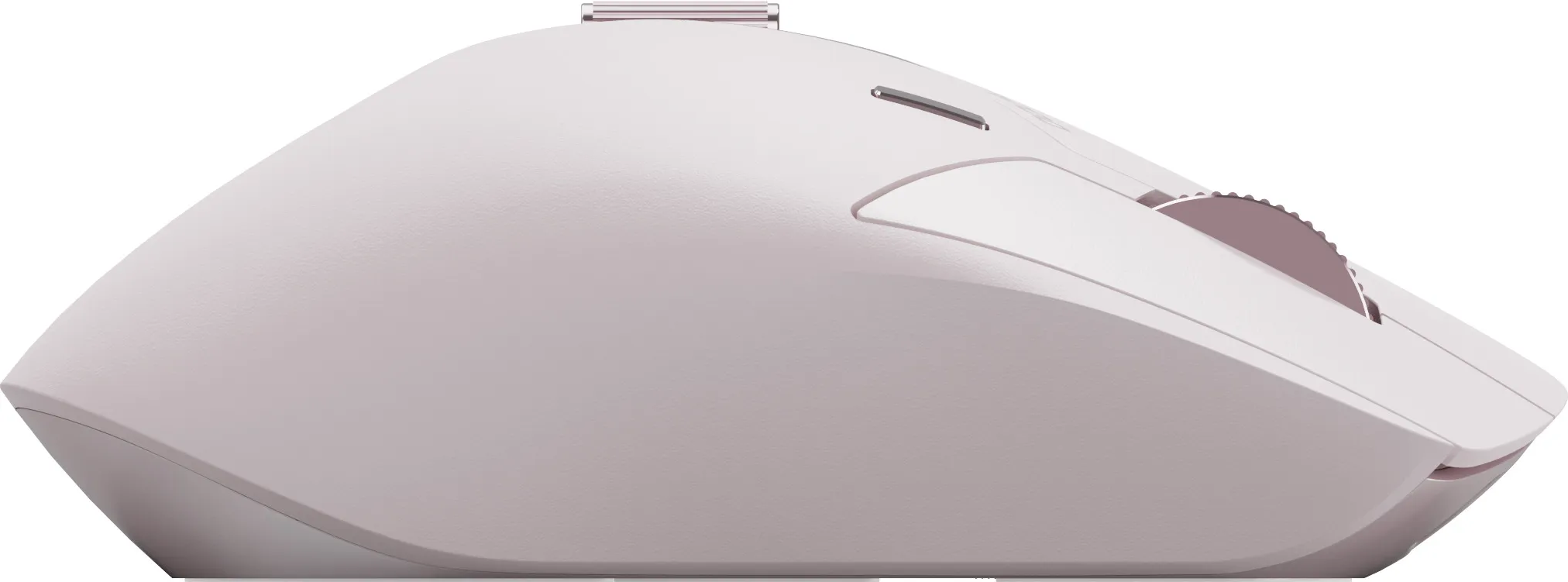 Vista laterale di un mouse wireless rosa chiaro, con rotella e pulsanti.