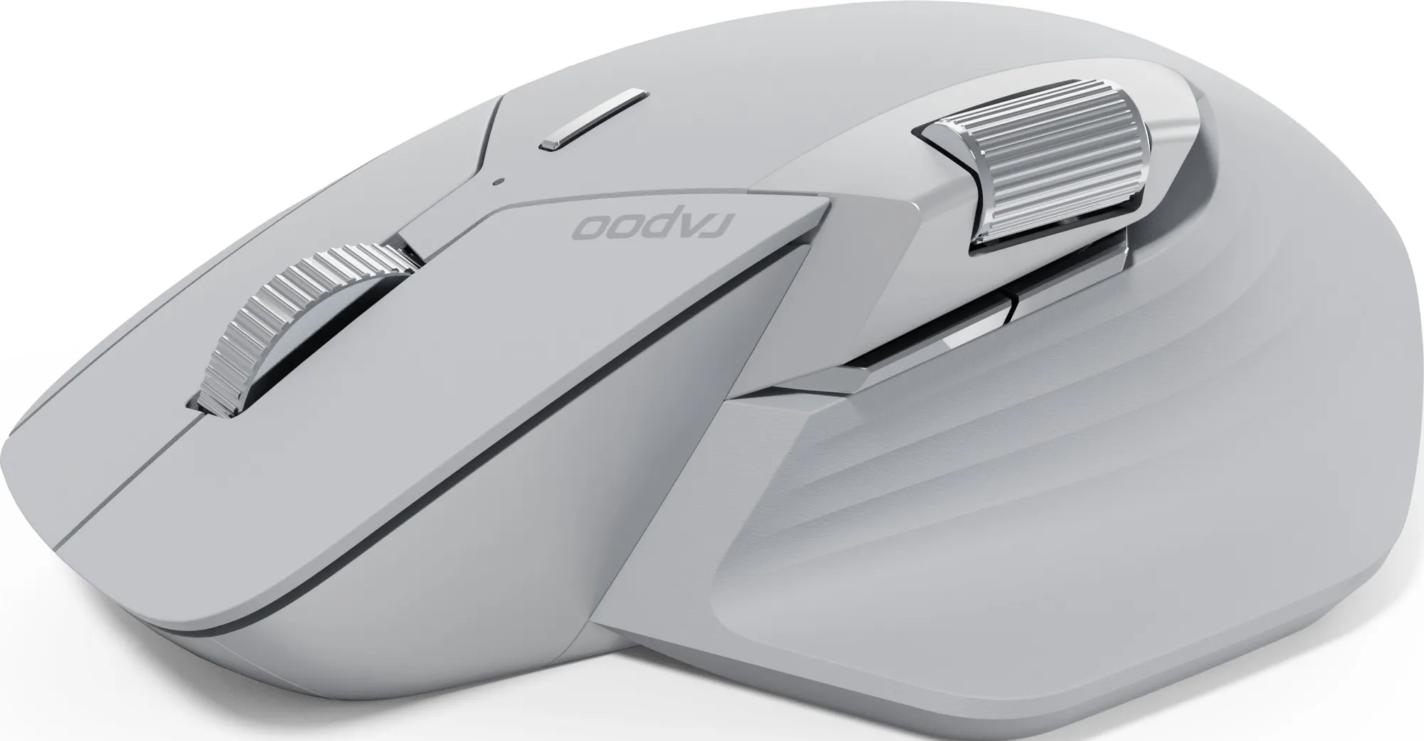 Vista laterale di un mouse wireless Rapoo grigio chiaro con rotelle e pulsanti.