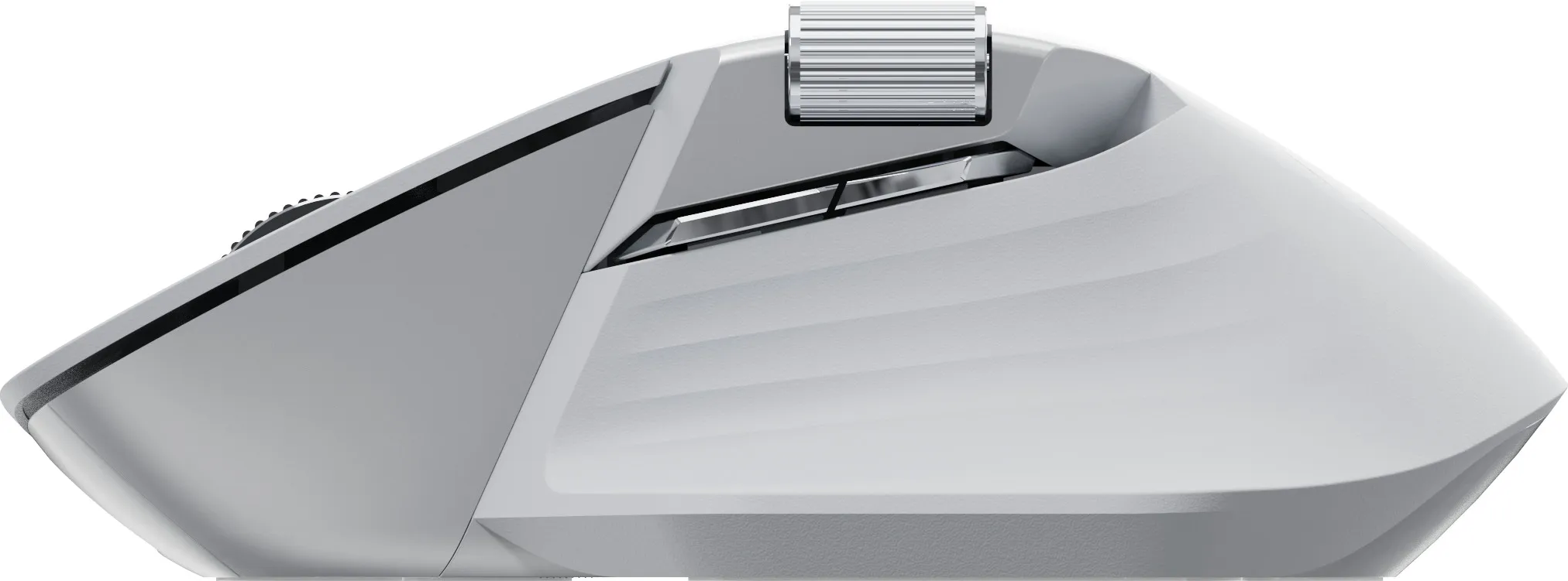 Vista laterale di un mouse per computer bianco e argento. Ha una rotella e diversi pulsanti.