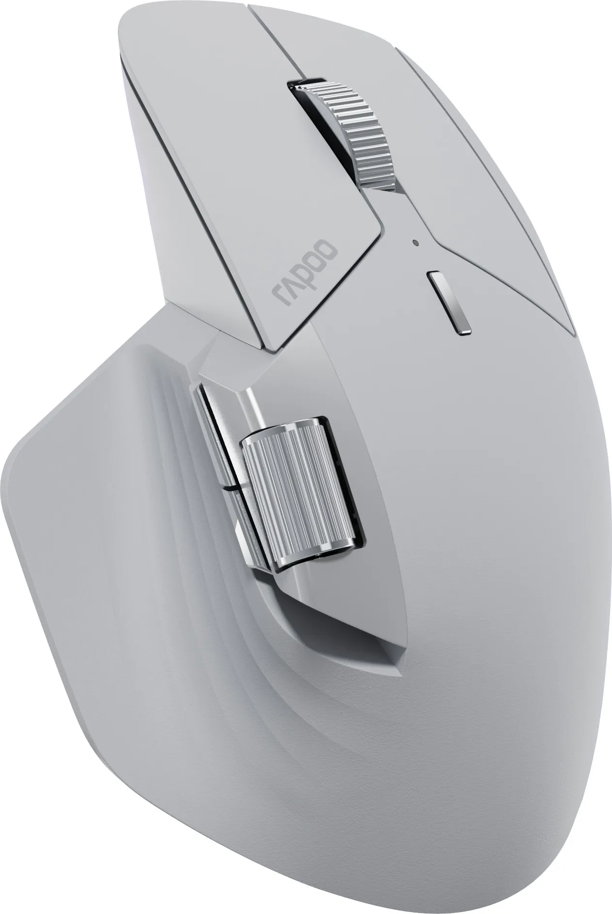 Mouse ergonomico bianco con rotelle di scorrimento argentate e pulsanti laterali. Marchio Rapoo.