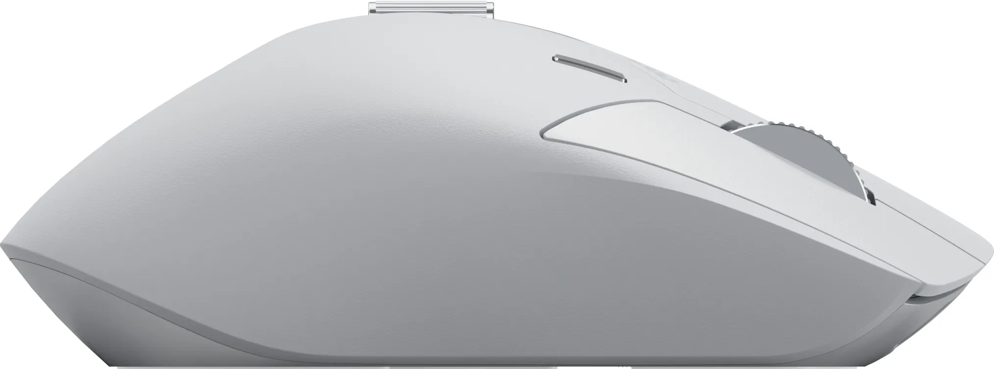 Vista laterale di un mouse wireless grigio chiaro con rotella e pulsanti.
