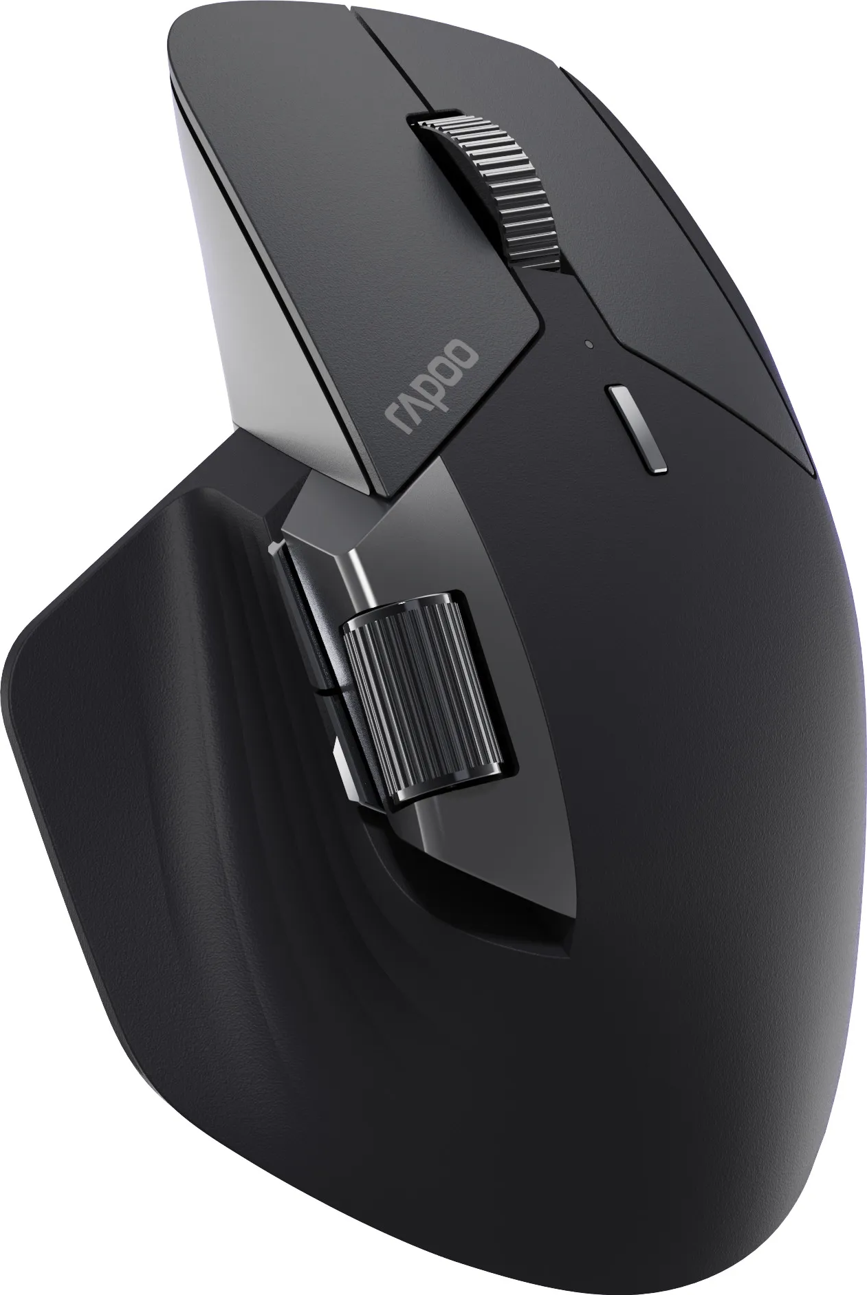 Schwarze ergonomische Maus mit Scrollrad. Die Maus hat zwei Scrollräder und Tasten.
