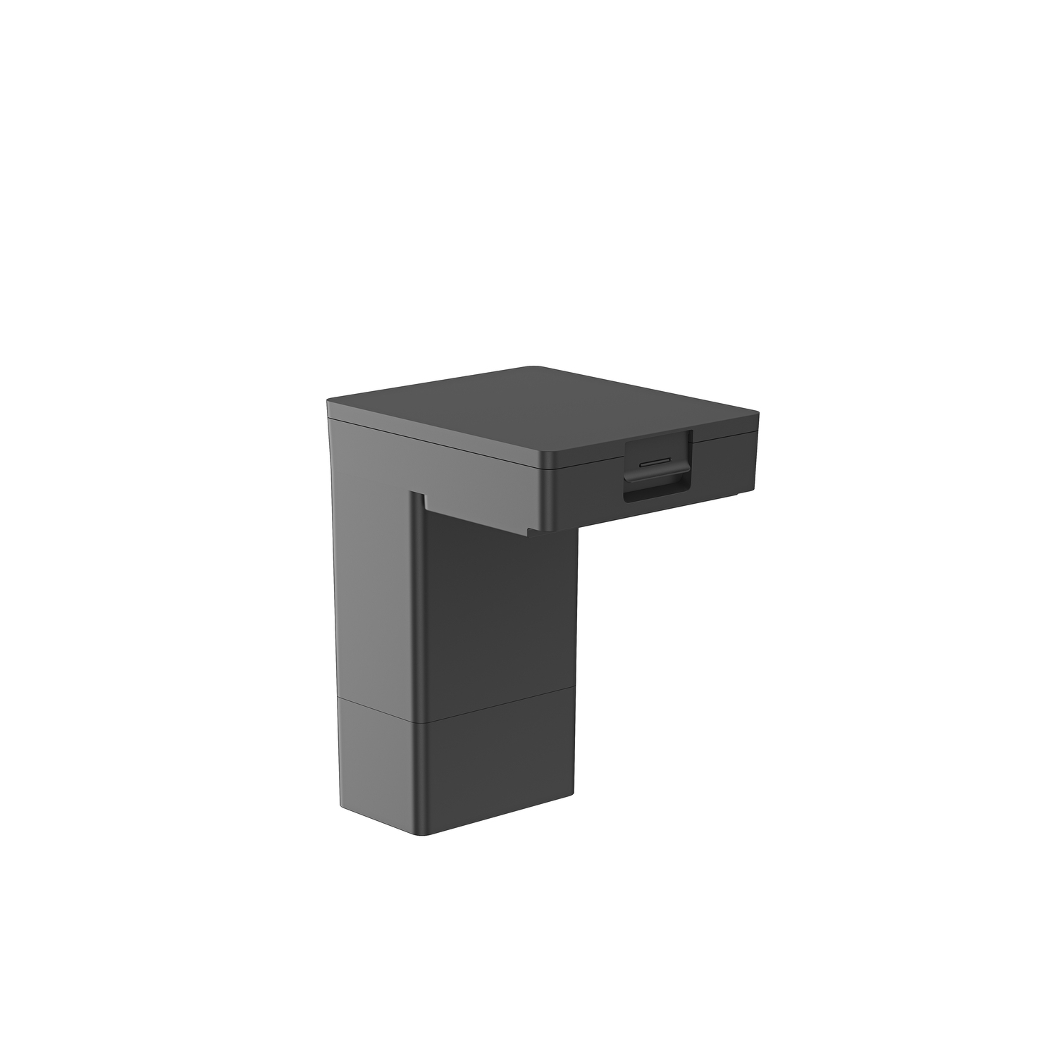 Donkergrijs object. L-vormig ontwerp, met een lade-achtige opening.